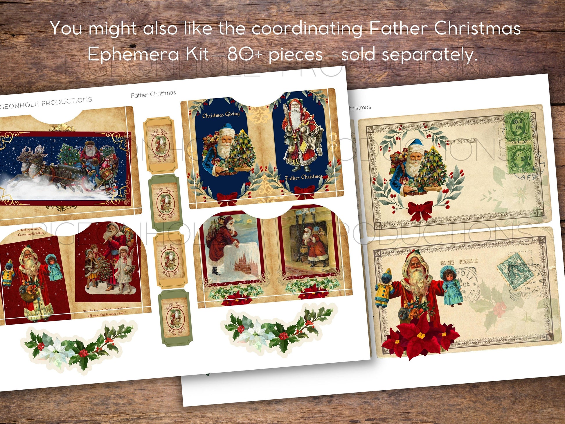 Father Christmas Junk Journal Cards & Gift Tags—PRINTABLE—52 journal cards—print reduced size for gift tags—Father Christmas