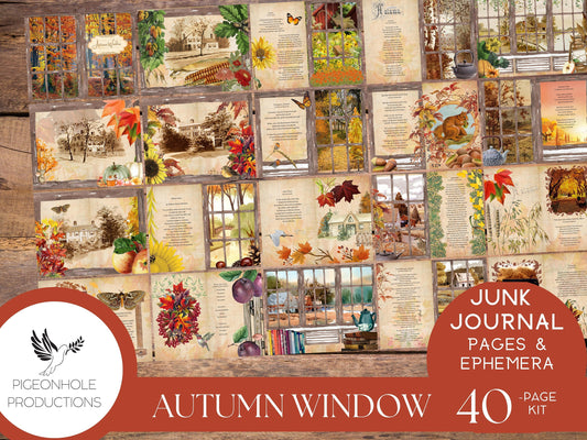 Autumn Window Junk Journal Kit, with classical autumn poetry—PRINTABLE—40 pages, includes 70+ tags, pockets, fussy cuts, tickets, more