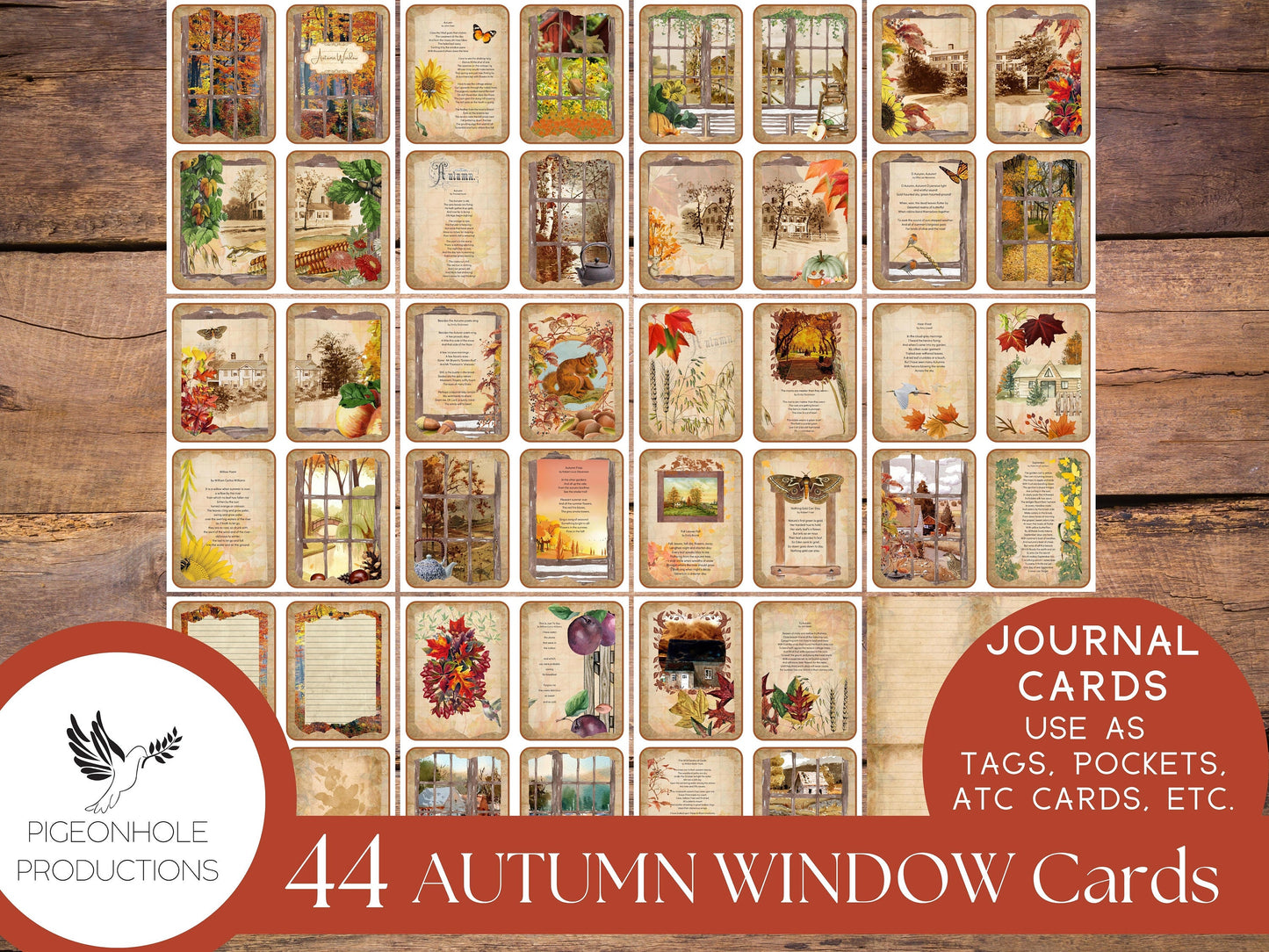 Autumn Window Junk Journal Cards with classical autumn poetry, PRINTABLE, 44 cards for journaling, ephemera, scrapbooking, decoupage, more!