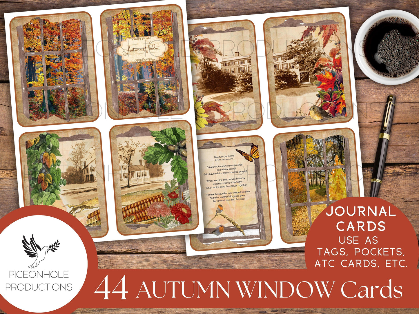 Autumn Window Junk Journal Cards with classical autumn poetry, PRINTABLE, 44 cards for journaling, ephemera, scrapbooking, decoupage, more!