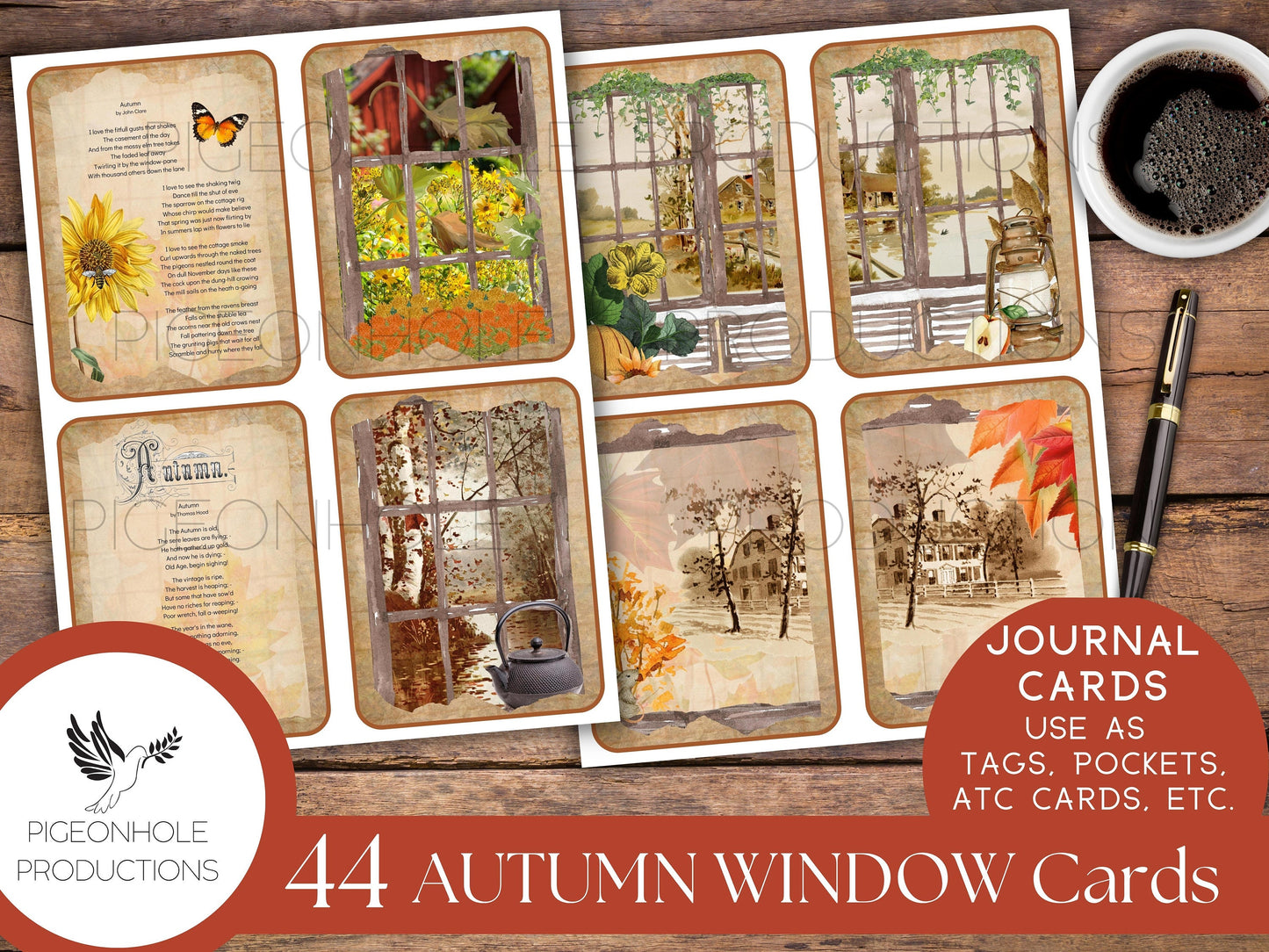 Autumn Window Junk Journal Cards with classical autumn poetry, PRINTABLE, 44 cards for journaling, ephemera, scrapbooking, decoupage, more!