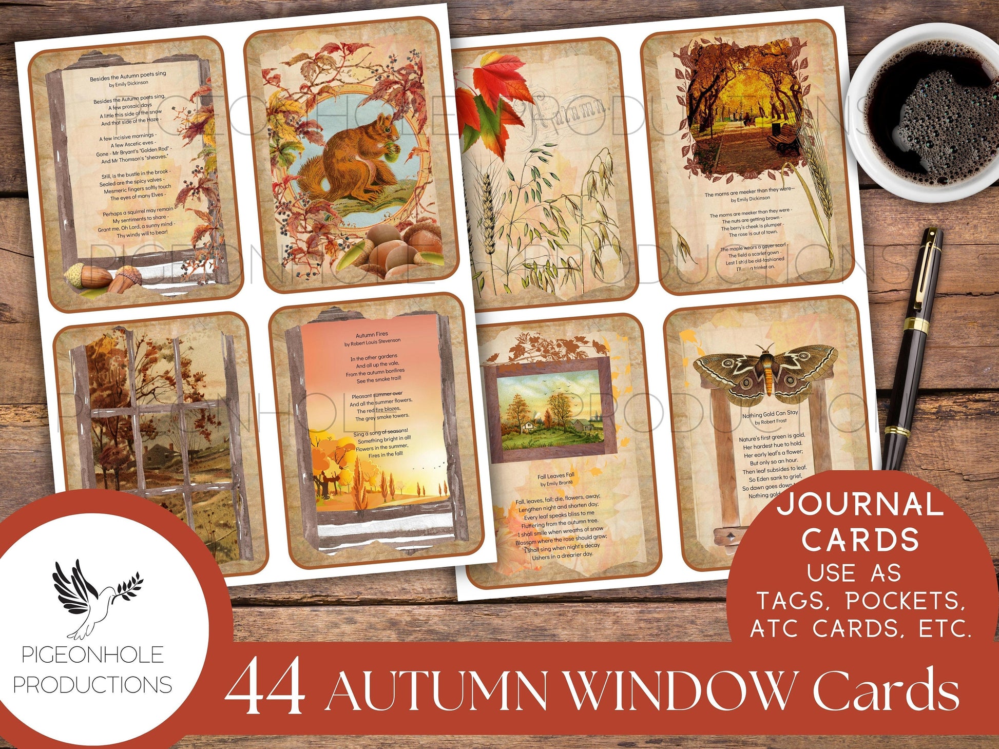 Autumn Window Junk Journal Cards with classical autumn poetry, PRINTABLE, 44 cards for journaling, ephemera, scrapbooking, decoupage, more!