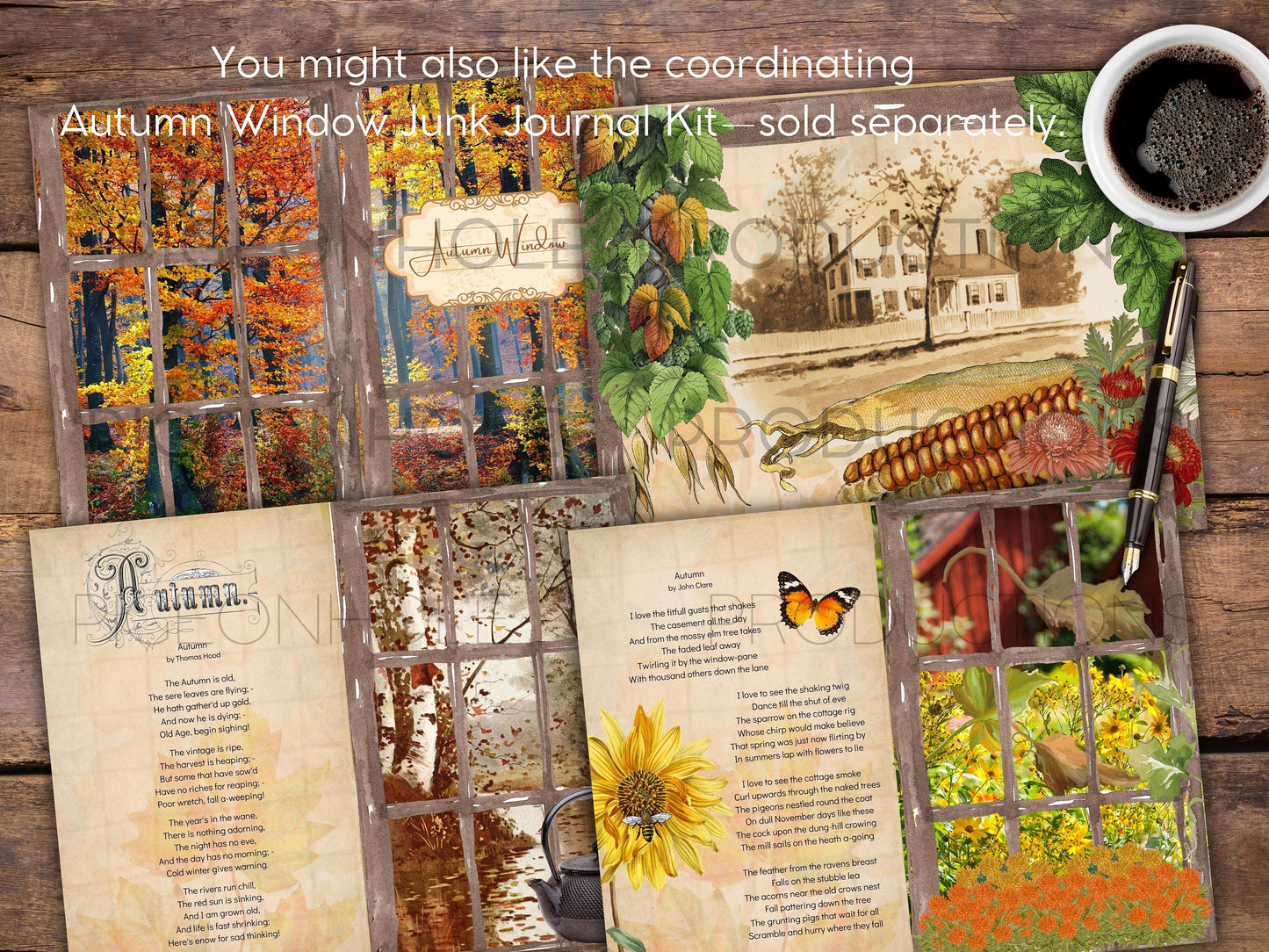 Autumn Window Junk Journal Cards with classical autumn poetry, PRINTABLE, 44 cards for journaling, ephemera, scrapbooking, decoupage, more!