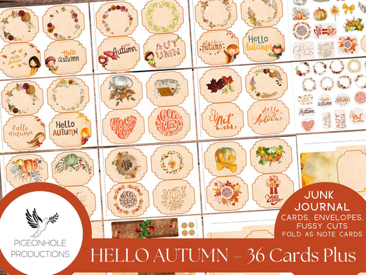 36 Hello Autumn Junk Journal Cards, Envelopes, Fussy Cuts, PRINTABLE, Fold for note cards, cut in half for journal cards—pretty fall colors!