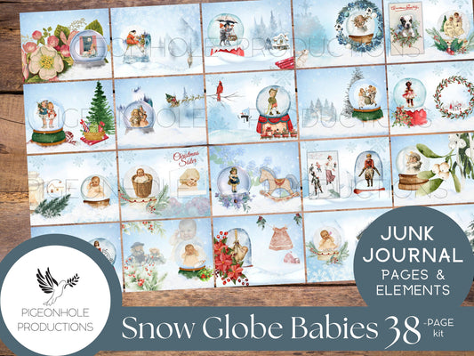 Christmas Snow Globe Babies Junk Journal Kit—PRINTABLE—38 pages, includes 70+ tags, tucks, pockets, envelopes, fussy cuts, more!