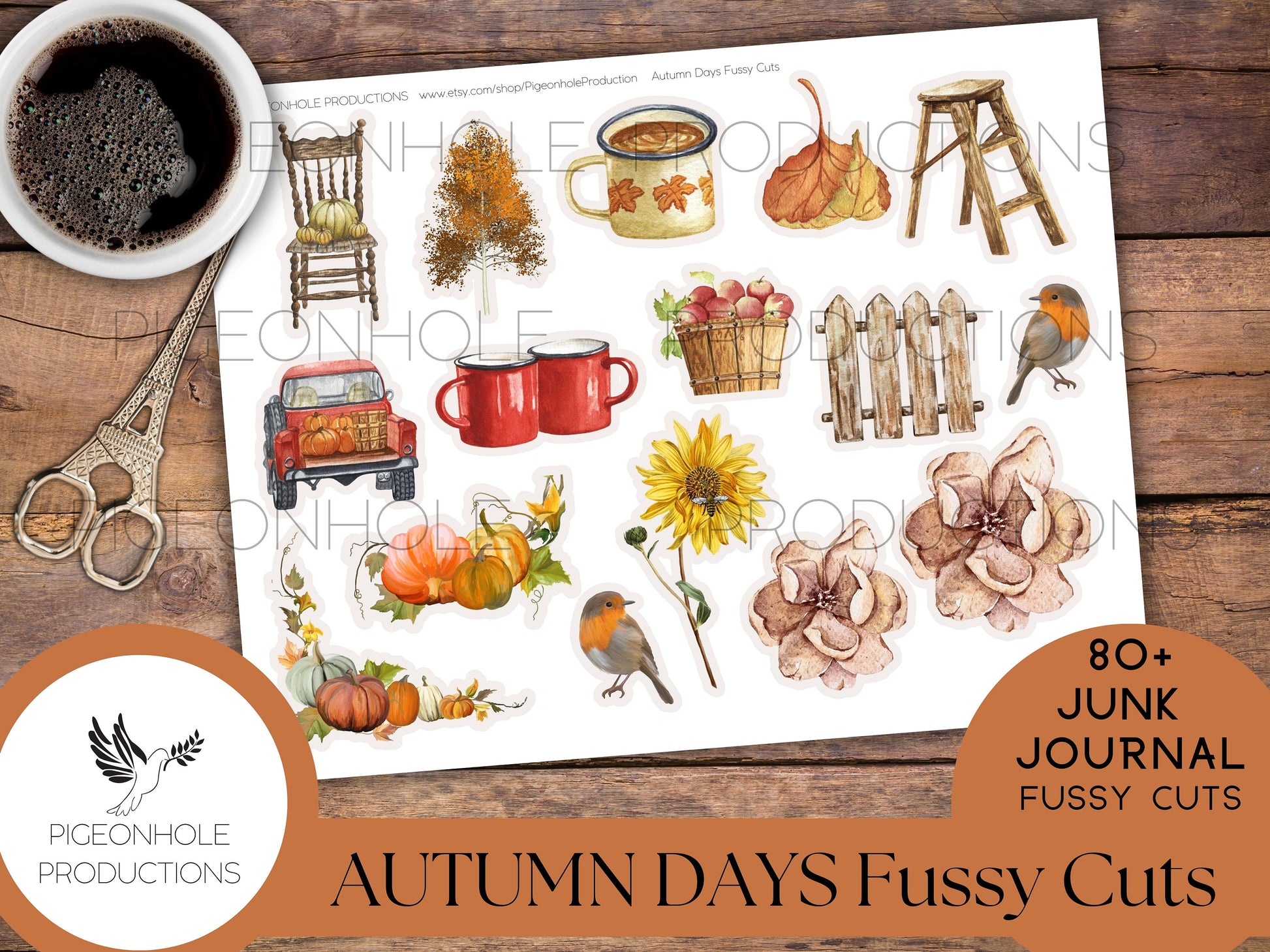 Autumn Days Junk Journal FUSSY CUTS, PRINTABLE, 80+ fussy cuts of leaves, sunflowers, pumpkins, rocking chairs, cider, apples, mushrooms