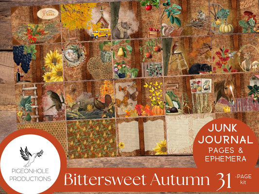 Bittersweet Autumn Junk Journal Kit, PRINTABLE, 31 journal pages, includes 70+ tags, pockets, fussy cuts, tickets, labels, bookplates, more