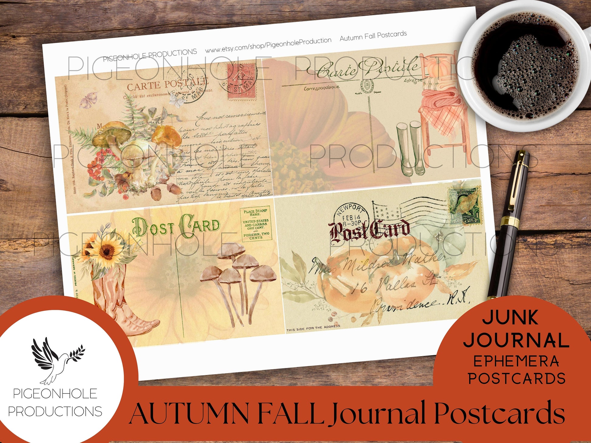 Autumn Fall Junk Journal Post Cards, PRINTABLE, use as journal cards, pockets, other ephemera and elements, pretty pastel autumn colors