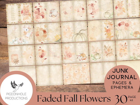 Faded Fall Flowers Autumn Junk Journal Kit—PRINTABLE—30 pages, with 70+ tags, pockets, tickets, more