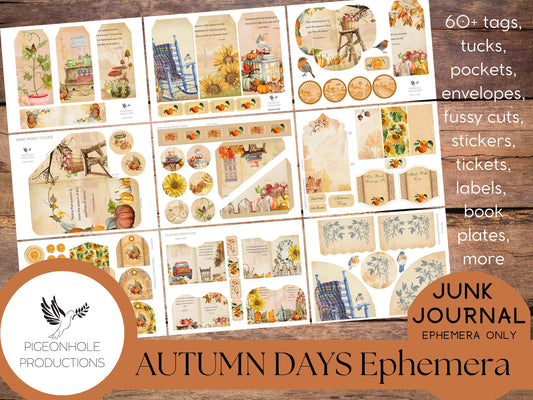 Autumn Days Junk Journal EPHEMERA, PRINTABLE, 60+ tags, tucks, pockets, envelopes, fussy cuts, stickers, tickets, labels, bookplates, more