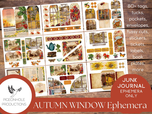 Autumn Window Junk Journal EPHEMERA, PRINTABLE, 80+ tags, tucks, pockets, envelopes, fussy cuts, stickers, tickets, labels, bookplates, more