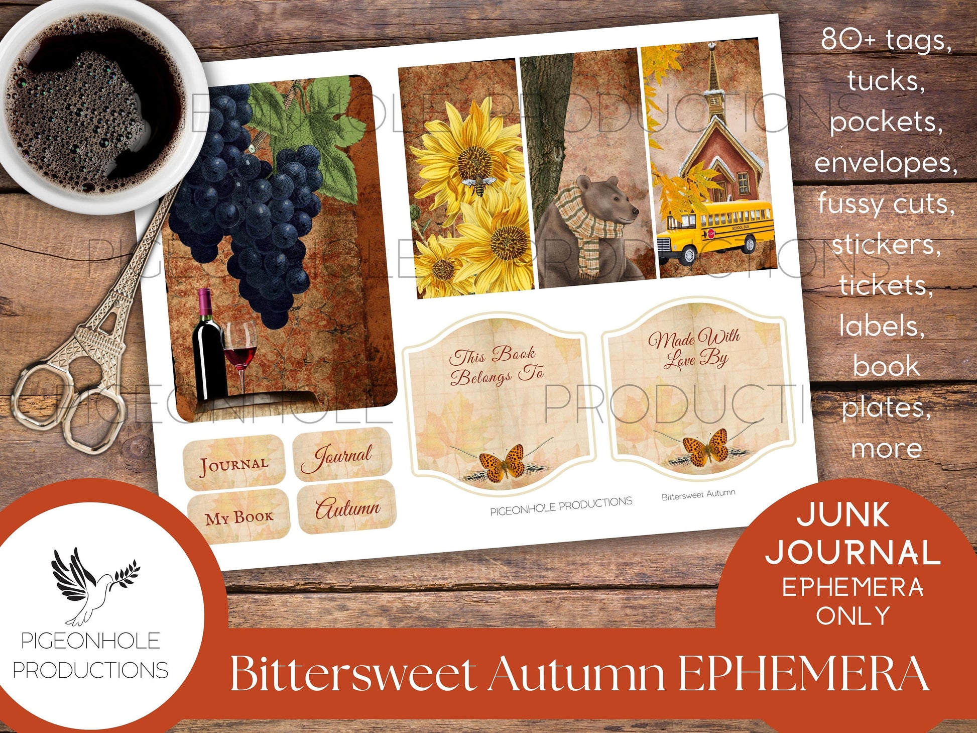 Bittersweet Autumn Junk Journal EPHEMERA, PRINTABLE, 80+ tags, tucks, pockets, envelopes, fussy cuts, stickers, tickets, labels, bookplates