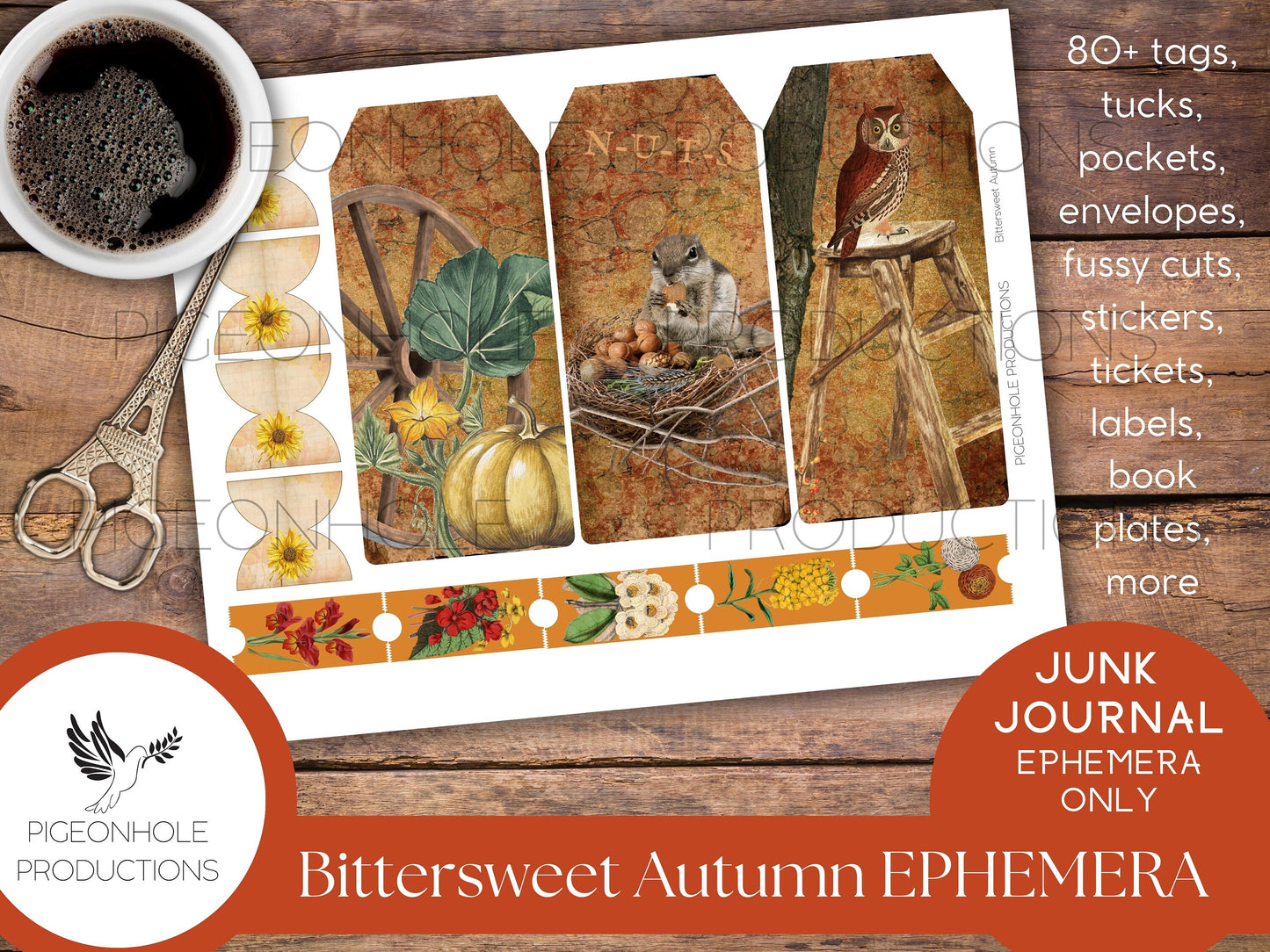 Bittersweet Autumn Junk Journal EPHEMERA, PRINTABLE, 80+ tags, tucks, pockets, envelopes, fussy cuts, stickers, tickets, labels, bookplates