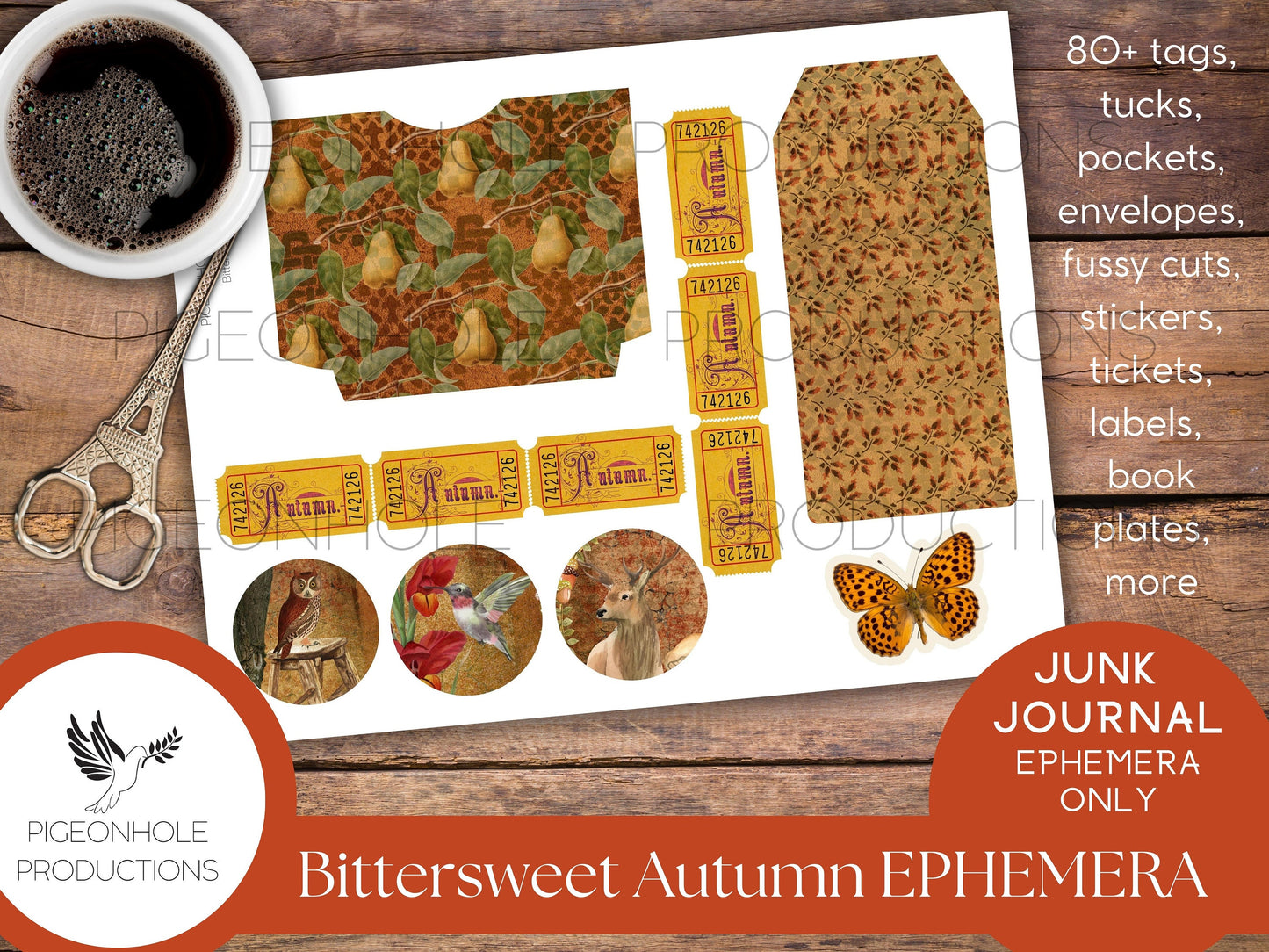 Bittersweet Autumn Junk Journal EPHEMERA, PRINTABLE, 80+ tags, tucks, pockets, envelopes, fussy cuts, stickers, tickets, labels, bookplates