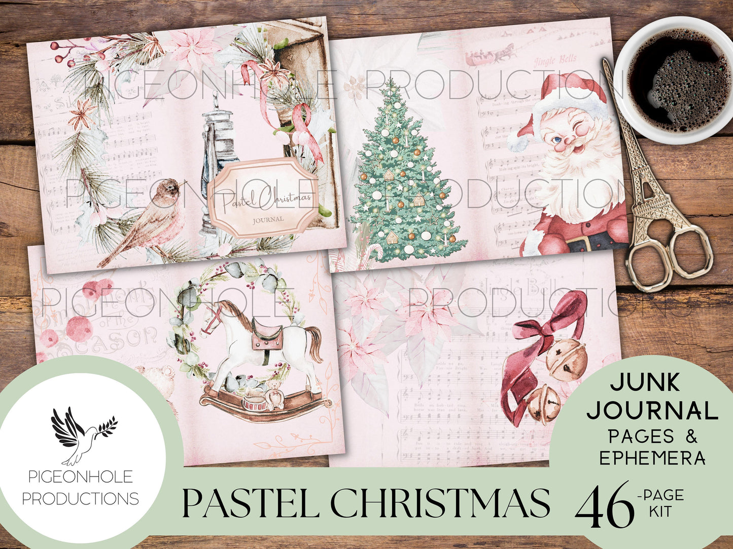 Pastel Christmas Junk Journal Kit—PRINTABLE—46 pages plus ephemera—70+ tags, tucks, pockets, fussy cuts, envelopes, tickets, more—pink!