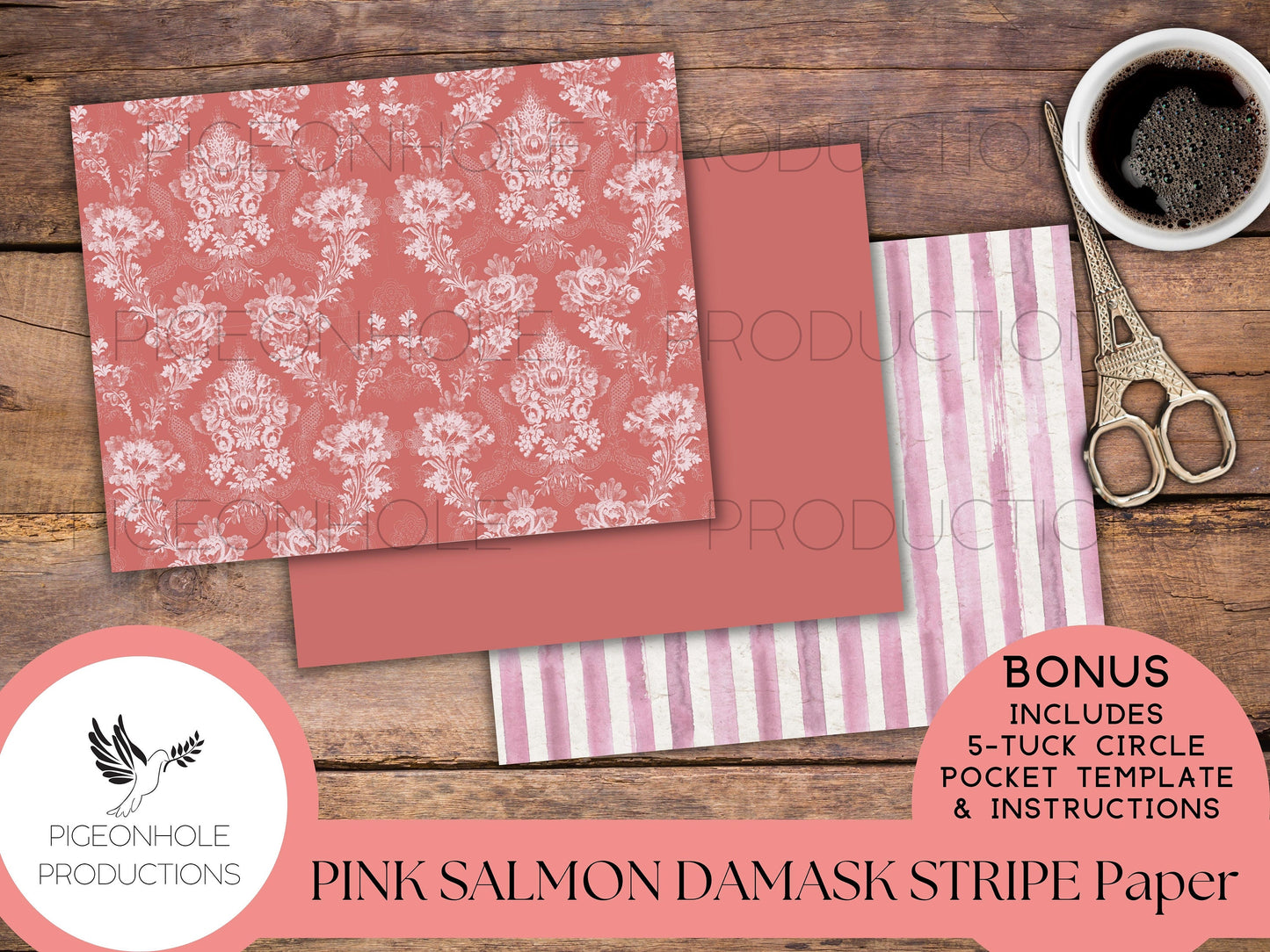 Pink Salmon Damask Stripe Papers—PRINTABLE—with coordinating backings and BONUS 5-Tuck Circle Pocket Template and Instructions—see pics!