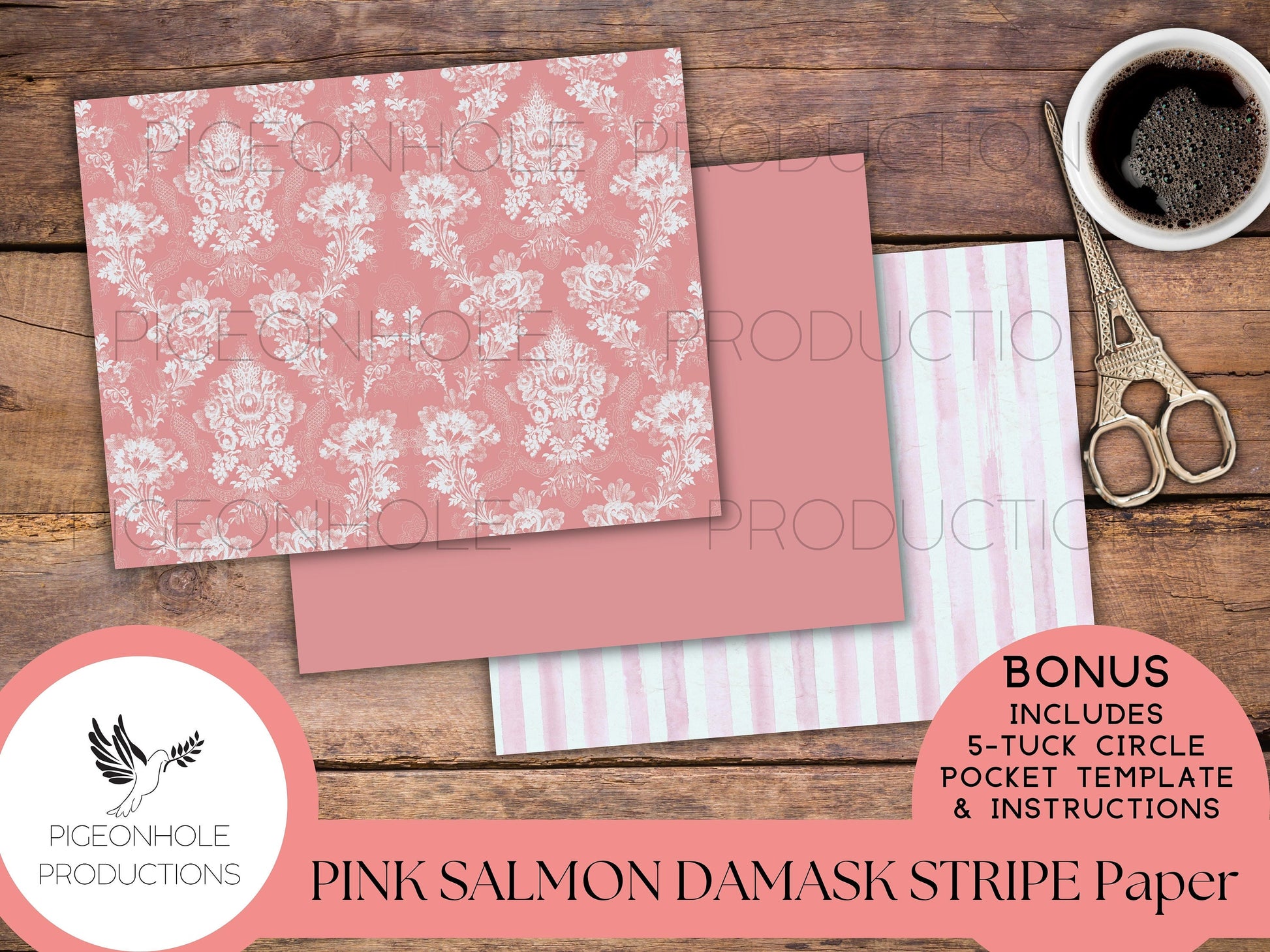 Pink Salmon Damask Stripe Papers—PRINTABLE—with coordinating backings and BONUS 5-Tuck Circle Pocket Template and Instructions—see pics!