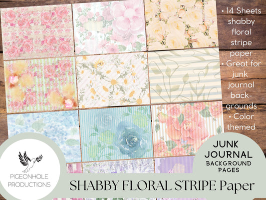 Shabby Floral Stripe Junk Journal Papers—PRINTABLE—14 sheets—use for journal backgrounds, card making, collage, other papercraft projects