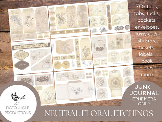 Neutral Floral Etchings Junk Journal EPHEMERA—PRINTABLE—70+ tags, tucks, pockets, envelopes, page tabs, tickets, labels, book plates, more
