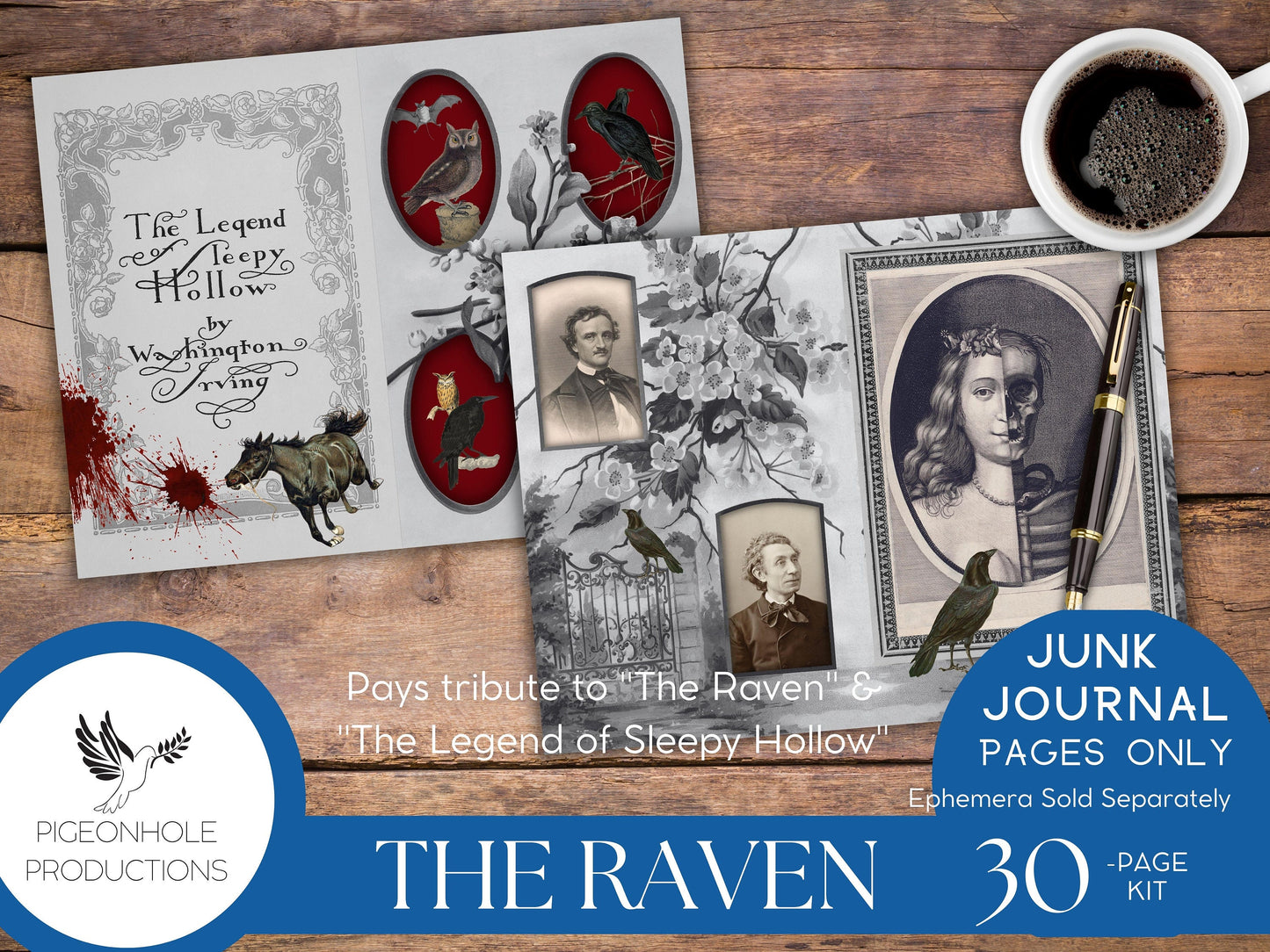 The Raven Junk Journal Kit Pages Only—PRINTABLE—Halloween Goth—tribute to The Raven & The Legend of Sleepy Hollow—beautiful bird scenes!