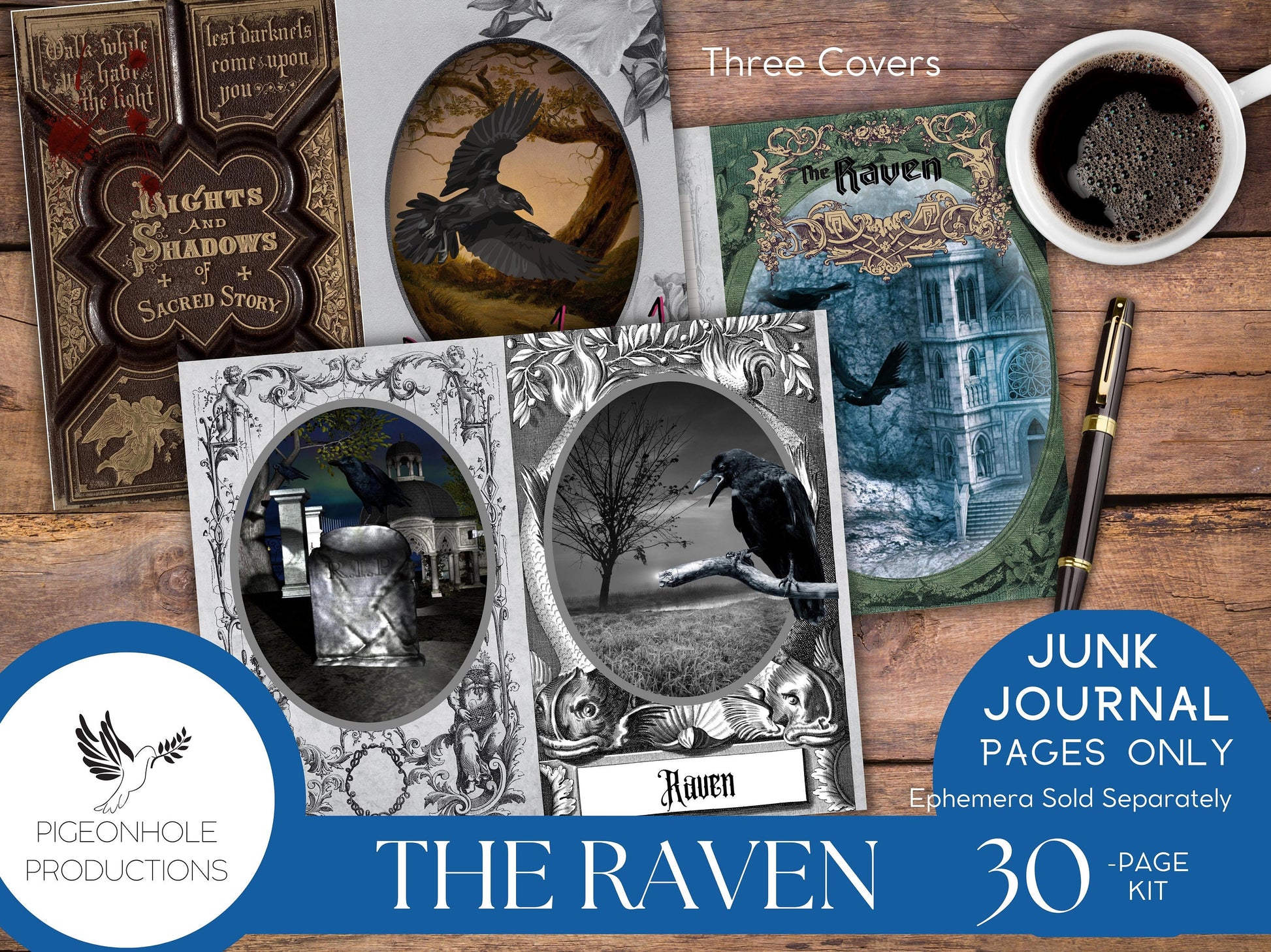 The Raven Junk Journal Kit Pages Only—PRINTABLE—Halloween Goth—tribute to The Raven & The Legend of Sleepy Hollow—beautiful bird scenes!