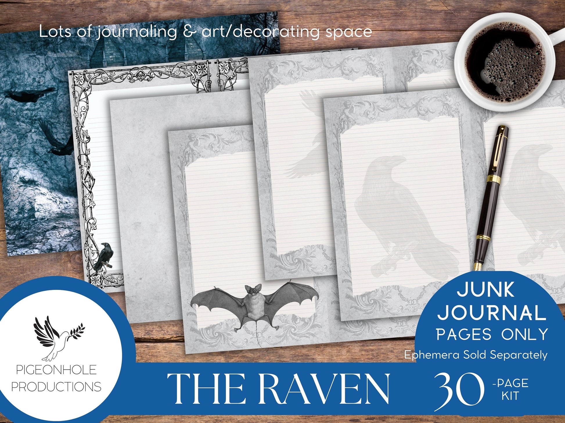 The Raven Junk Journal Kit Pages Only—PRINTABLE—Halloween Goth—tribute to The Raven & The Legend of Sleepy Hollow—beautiful bird scenes!