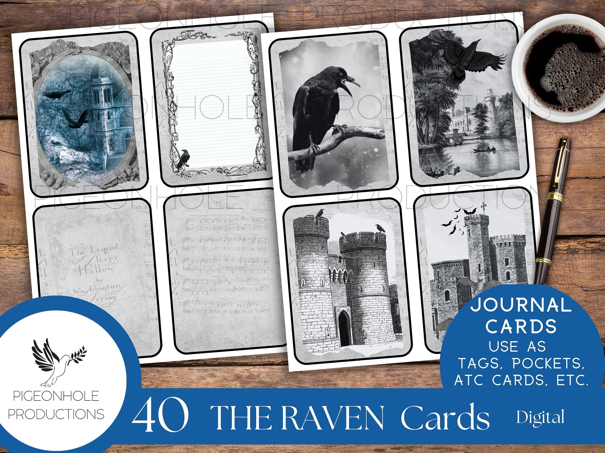 The Raven Junk Journal Cards—PRINTABLE—40 cards—Halloween Goth—includes The Legend of Sleepy Hollow—magical, mystical scenes with birds