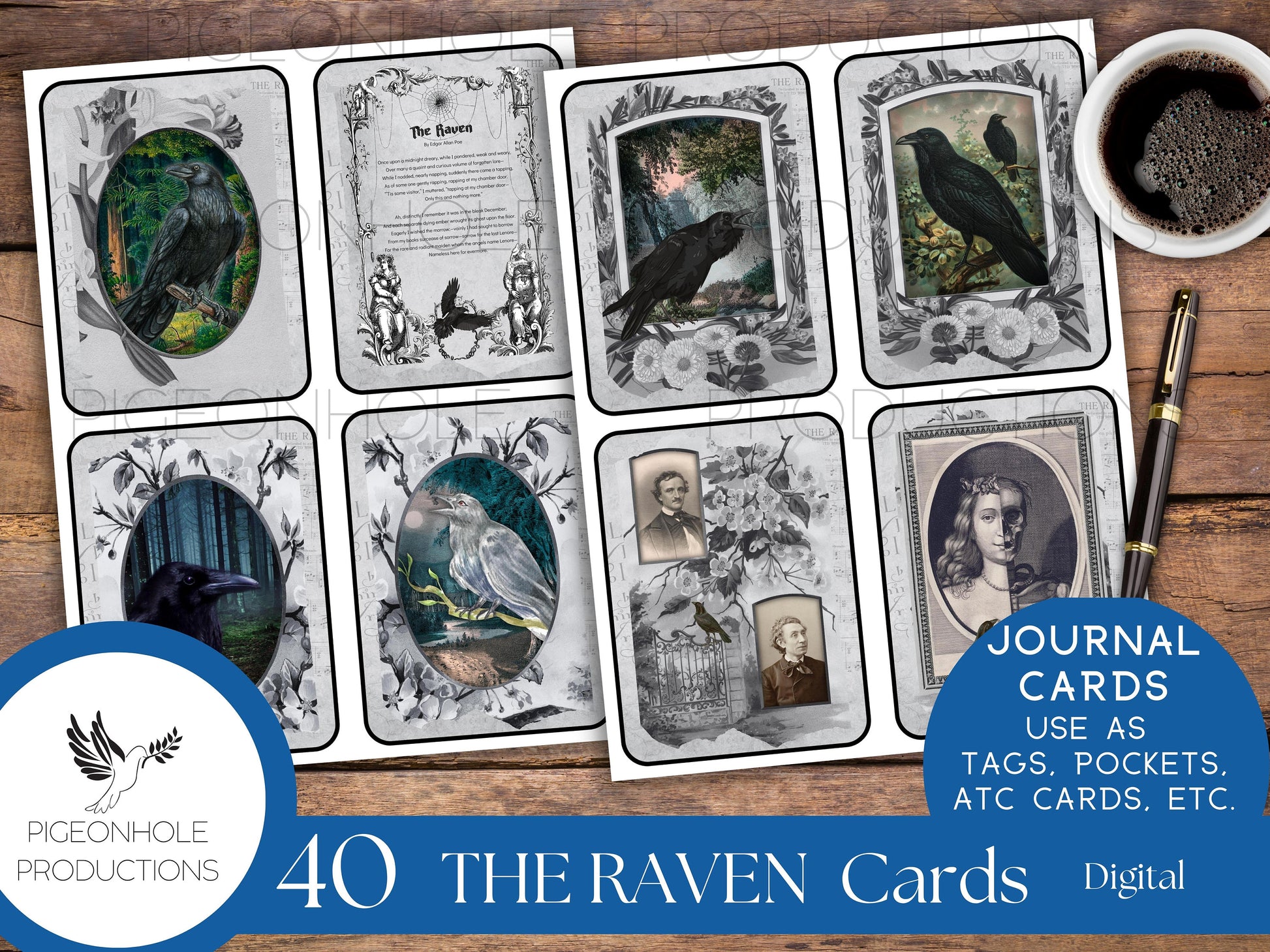 The Raven Junk Journal Cards—PRINTABLE—40 cards—Halloween Goth—includes The Legend of Sleepy Hollow—magical, mystical scenes with birds