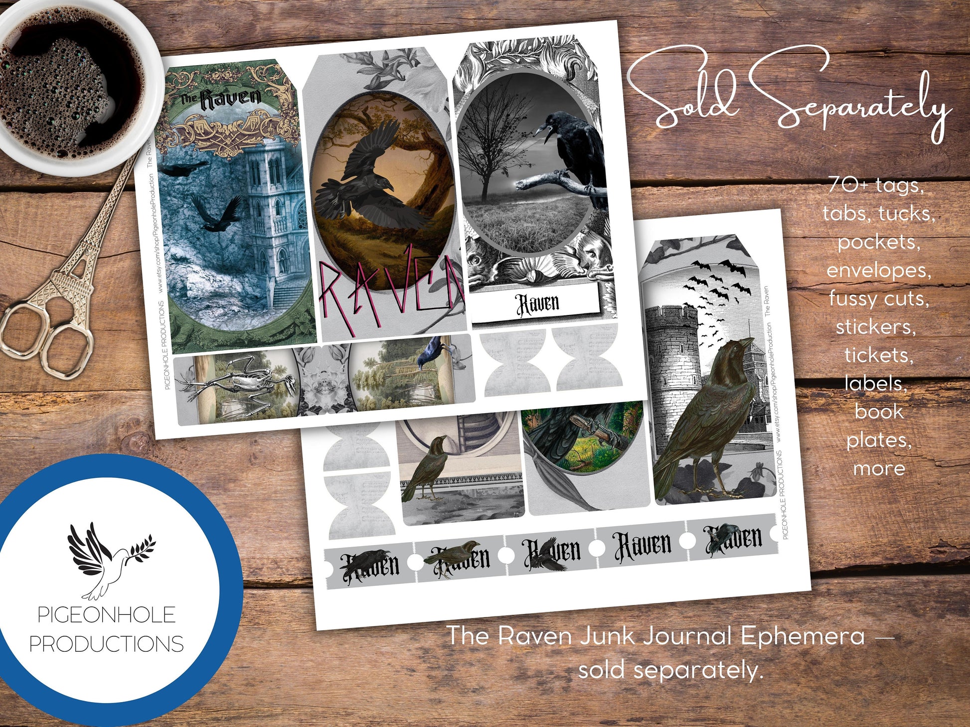 The Raven Junk Journal Cards—PRINTABLE—40 cards—Halloween Goth—includes The Legend of Sleepy Hollow—magical, mystical scenes with birds