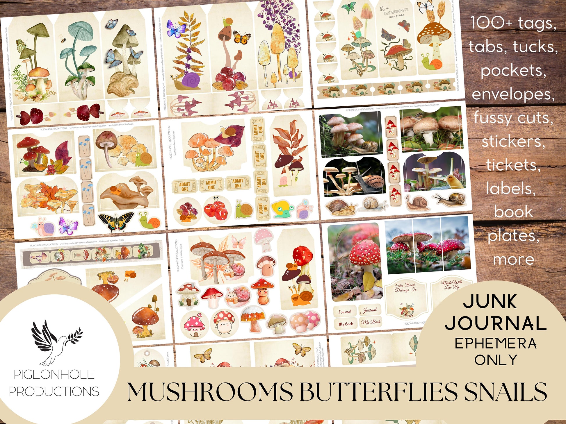 Mushrooms Butterflies Snails Junk Journal EPHEMERA—PRINTABLE—100+ tags, tucks, pockets, envelopes, page tabs, tickets, labels, book plates