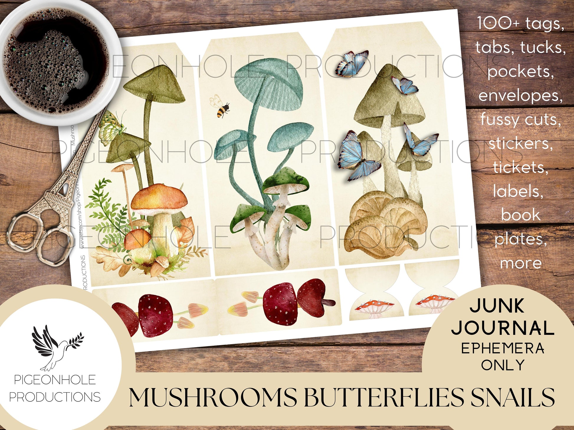 Mushrooms Butterflies Snails Junk Journal EPHEMERA—PRINTABLE—100+ tags, tucks, pockets, envelopes, page tabs, tickets, labels, book plates