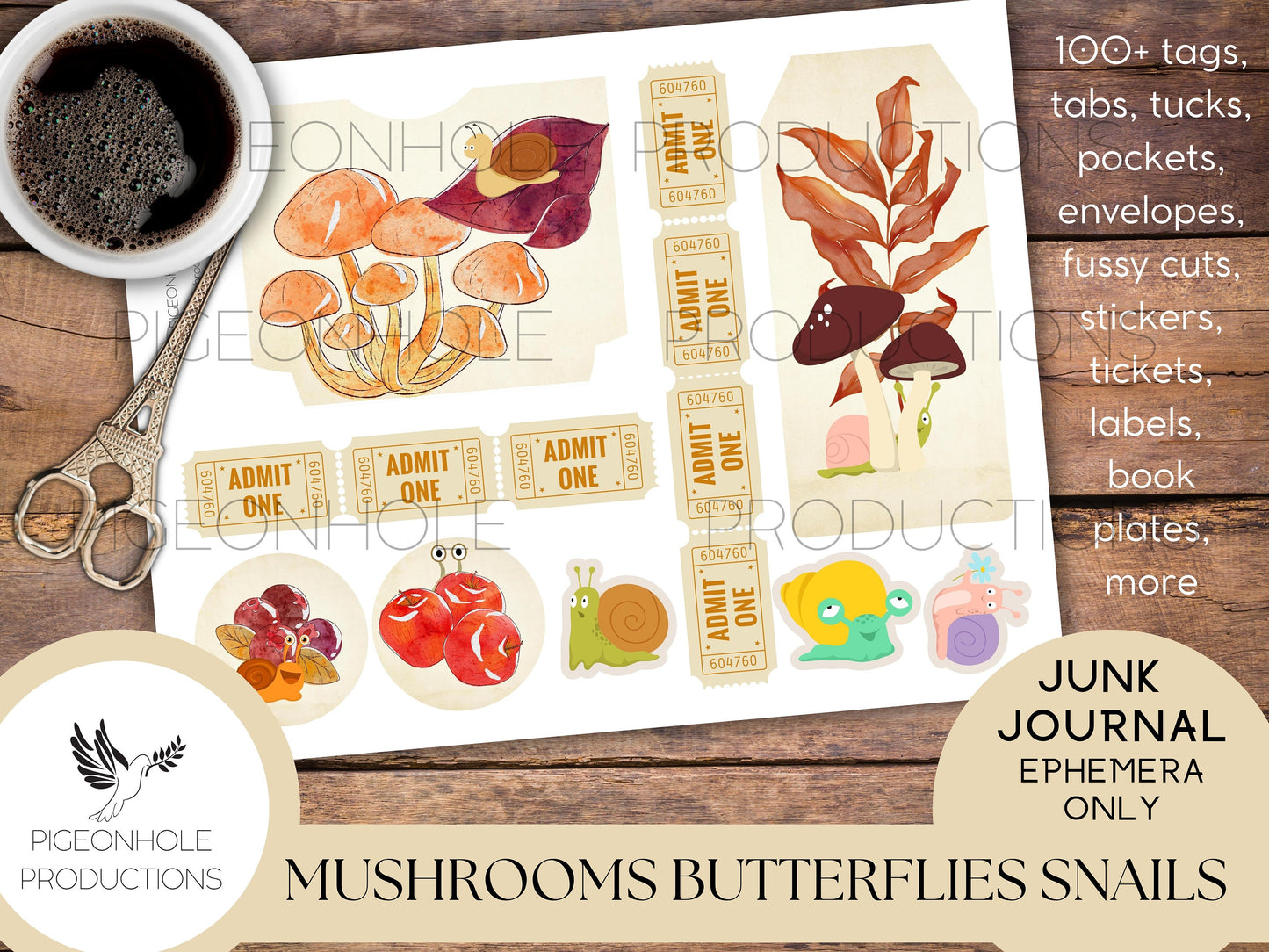 Mushrooms Butterflies Snails Junk Journal EPHEMERA—PRINTABLE—100+ tags, tucks, pockets, envelopes, page tabs, tickets, labels, book plates