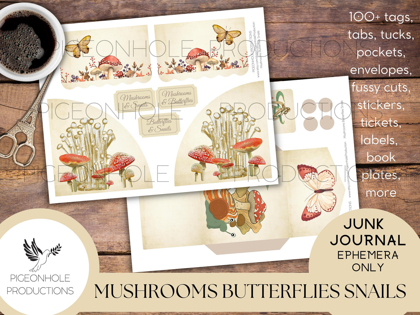 Mushrooms Butterflies Snails Junk Journal EPHEMERA—PRINTABLE—100+ tags, tucks, pockets, envelopes, page tabs, tickets, labels, book plates