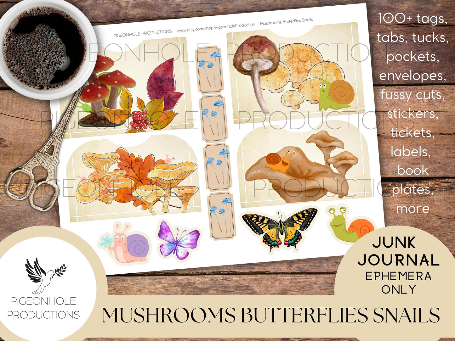 Mushrooms Butterflies Snails Junk Journal EPHEMERA—PRINTABLE—100+ tags, tucks, pockets, envelopes, page tabs, tickets, labels, book plates