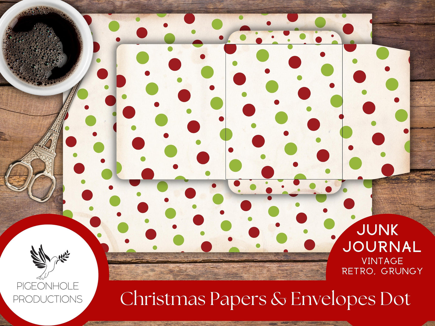 Retro Christmas Junk Journal Paper & Envelopes DOTS—PRINTABLE—8 sheets with coordinating envelopes—for journal making and paper crafting