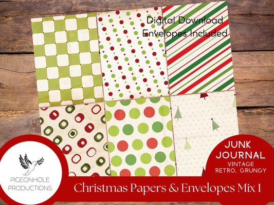 Retro Christmas Junk Journal Paper & Envelopes MIX 1—PRINTABLE—6 sheets with coordinating envelopes—for journal making and paper crafting