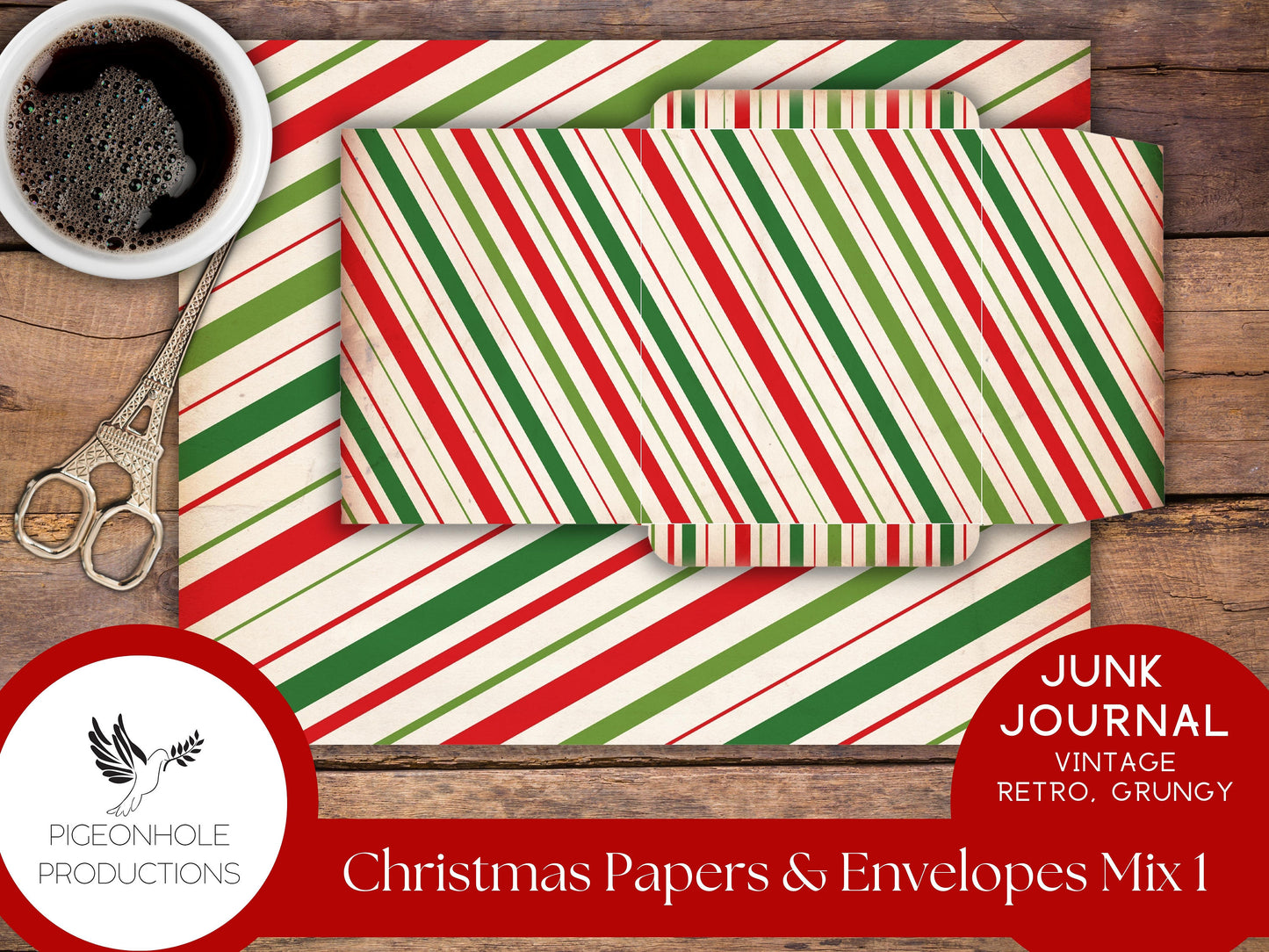 Retro Christmas Junk Journal Paper & Envelopes MIX 1—PRINTABLE—6 sheets with coordinating envelopes—for journal making and paper crafting