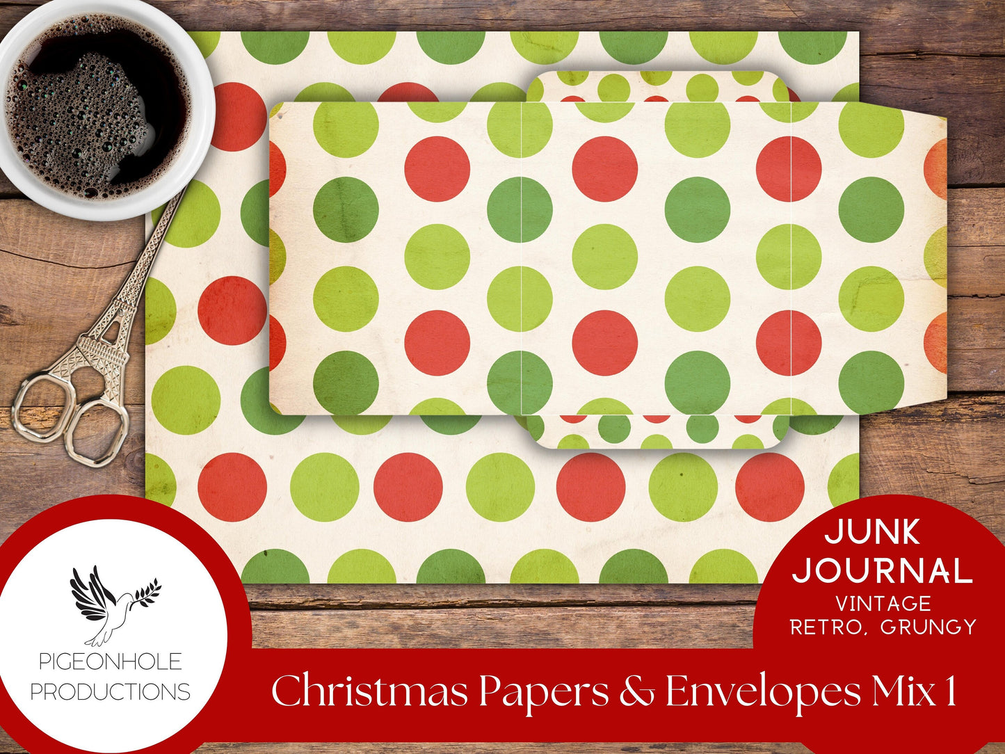 Retro Christmas Junk Journal Paper & Envelopes MIX 1—PRINTABLE—6 sheets with coordinating envelopes—for journal making and paper crafting