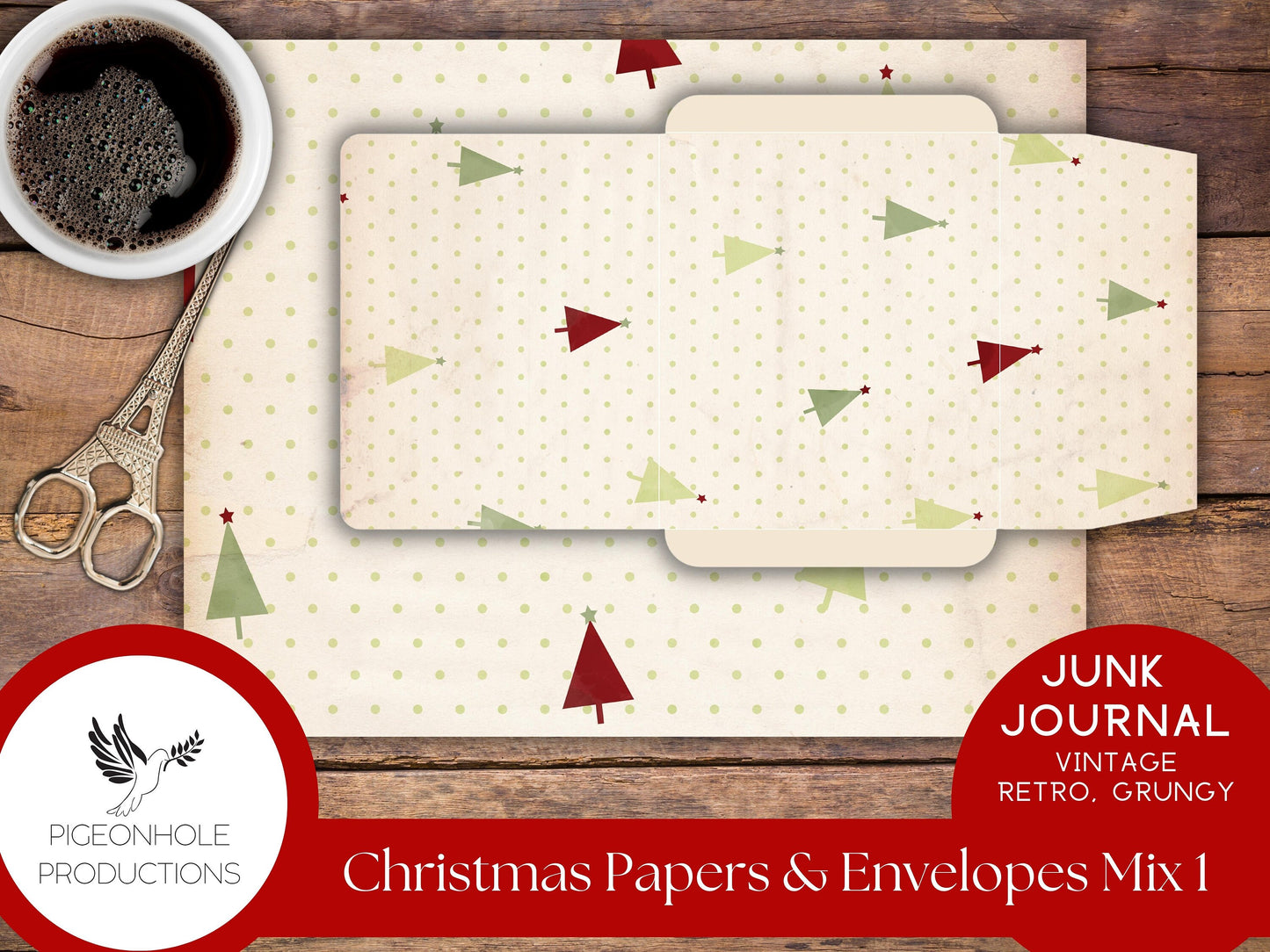 Retro Christmas Junk Journal Paper & Envelopes MIX 1—PRINTABLE—6 sheets with coordinating envelopes—for journal making and paper crafting