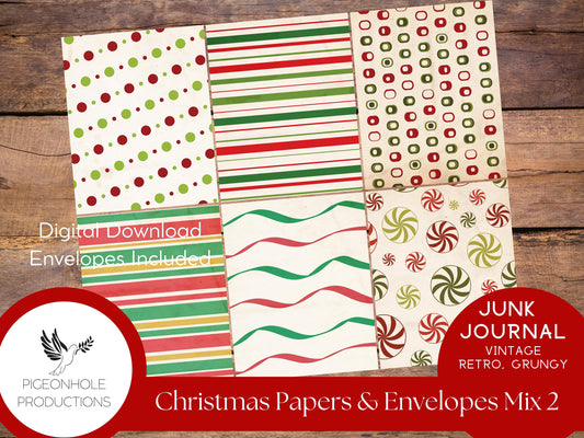 Retro Christmas Junk Journal Paper & Envelopes MIX 2—PRINTABLE—6 sheets with coordinating envelopes—for journal making and paper crafting