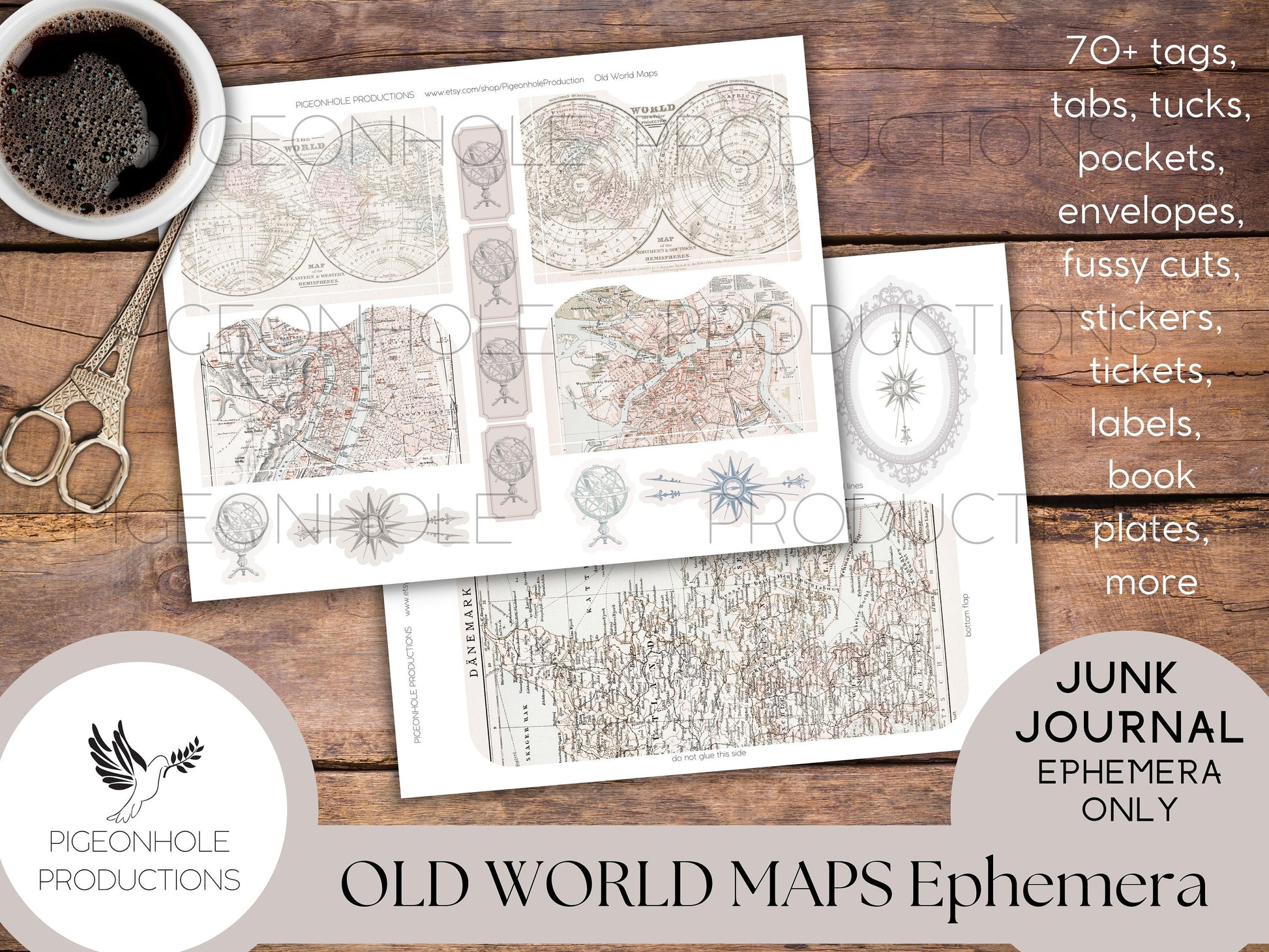 Old World Maps Junk Journal EPHEMERA—PRINTABLE—70+ tags, tucks, pockets, envelopes, page tabs, tickets, labels, book plates, more