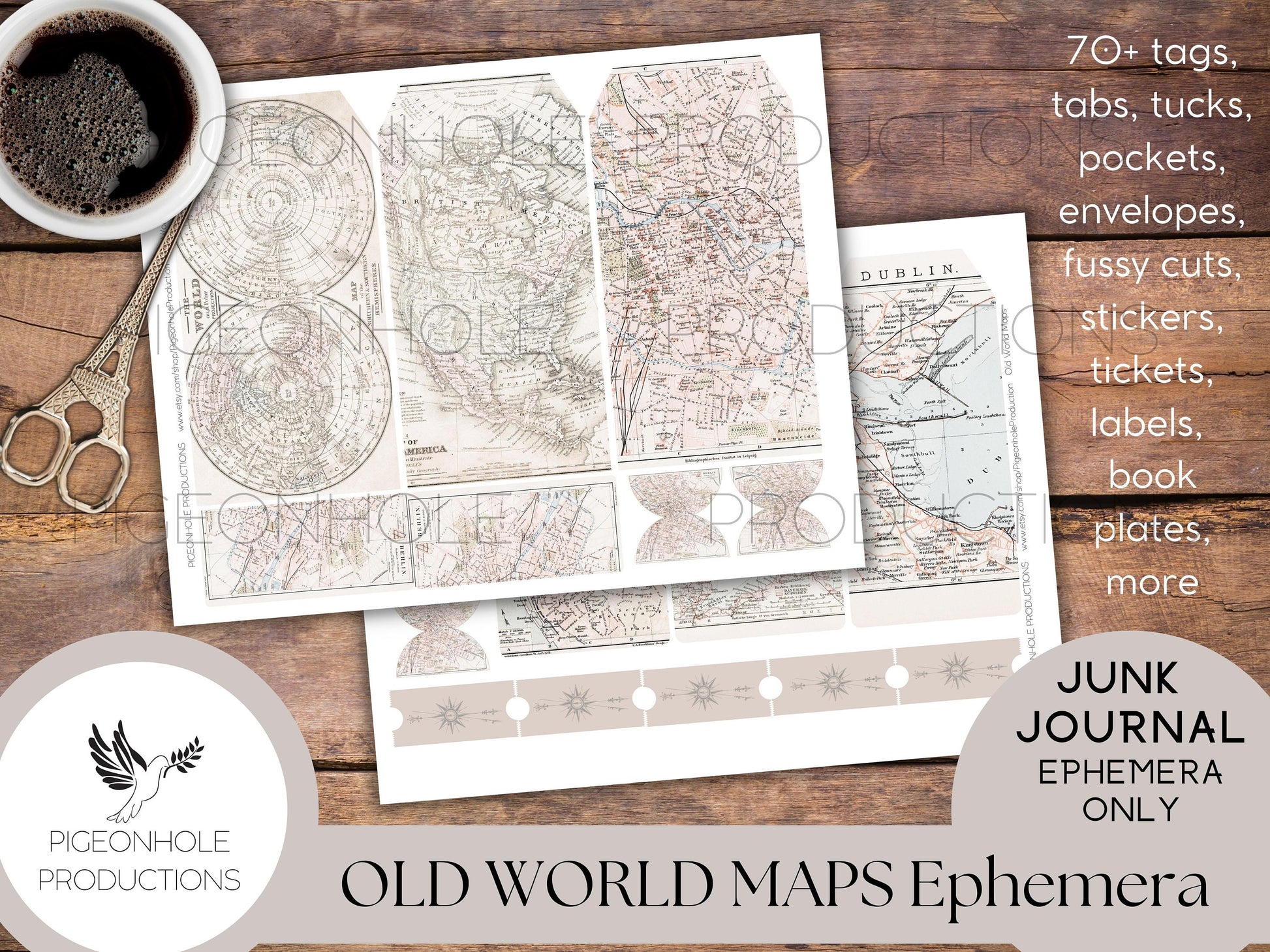 Old World Maps Junk Journal EPHEMERA—PRINTABLE—70+ tags, tucks, pockets, envelopes, page tabs, tickets, labels, book plates, more