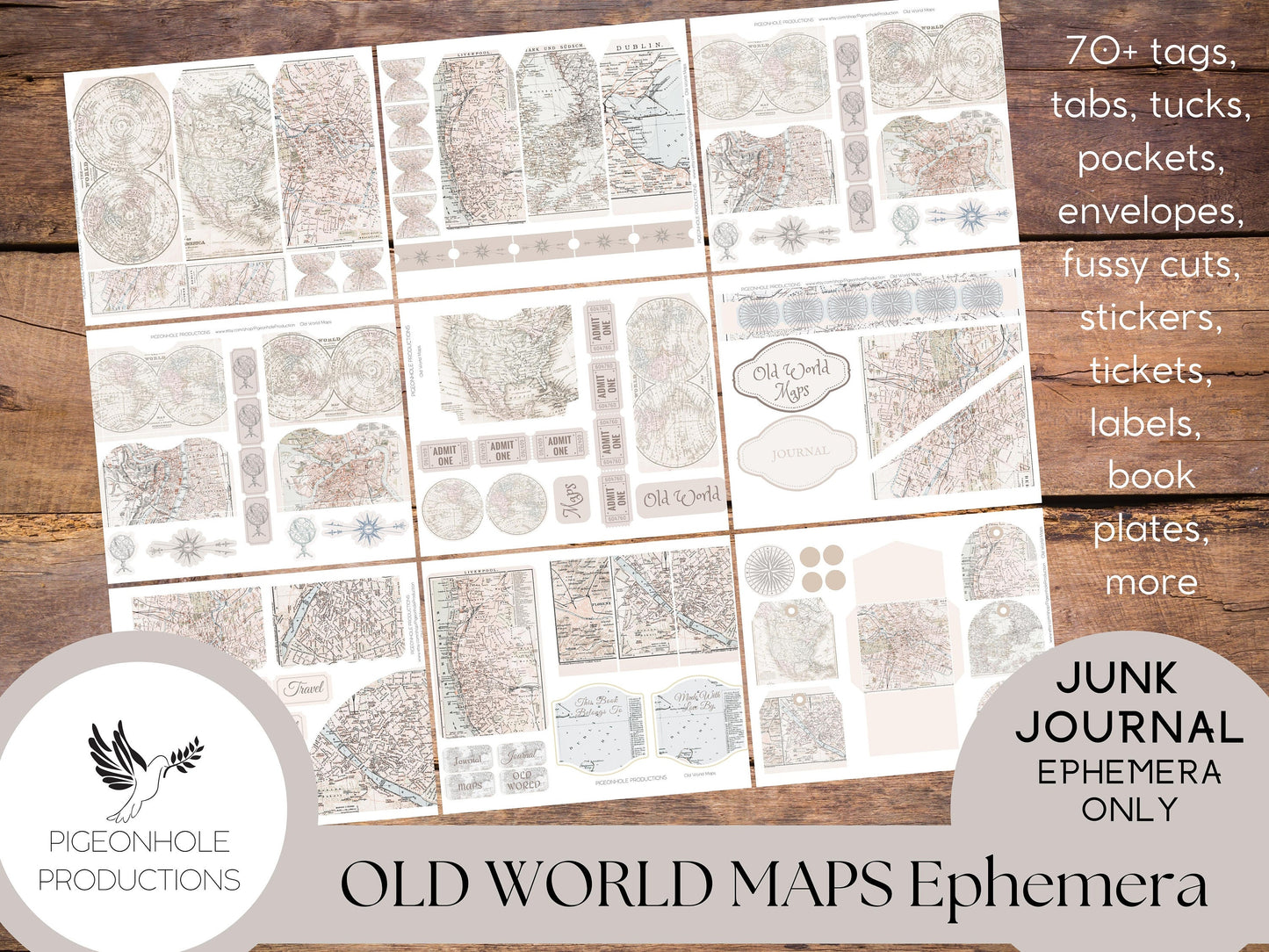 Old World Maps Junk Journal EPHEMERA—PRINTABLE—70+ tags, tucks, pockets, envelopes, page tabs, tickets, labels, book plates, more
