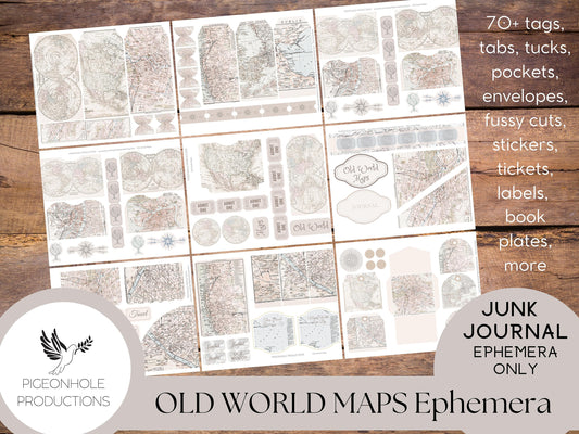 Old World Maps Junk Journal EPHEMERA—PRINTABLE—70+ tags, tucks, pockets, envelopes, page tabs, tickets, labels, book plates, more