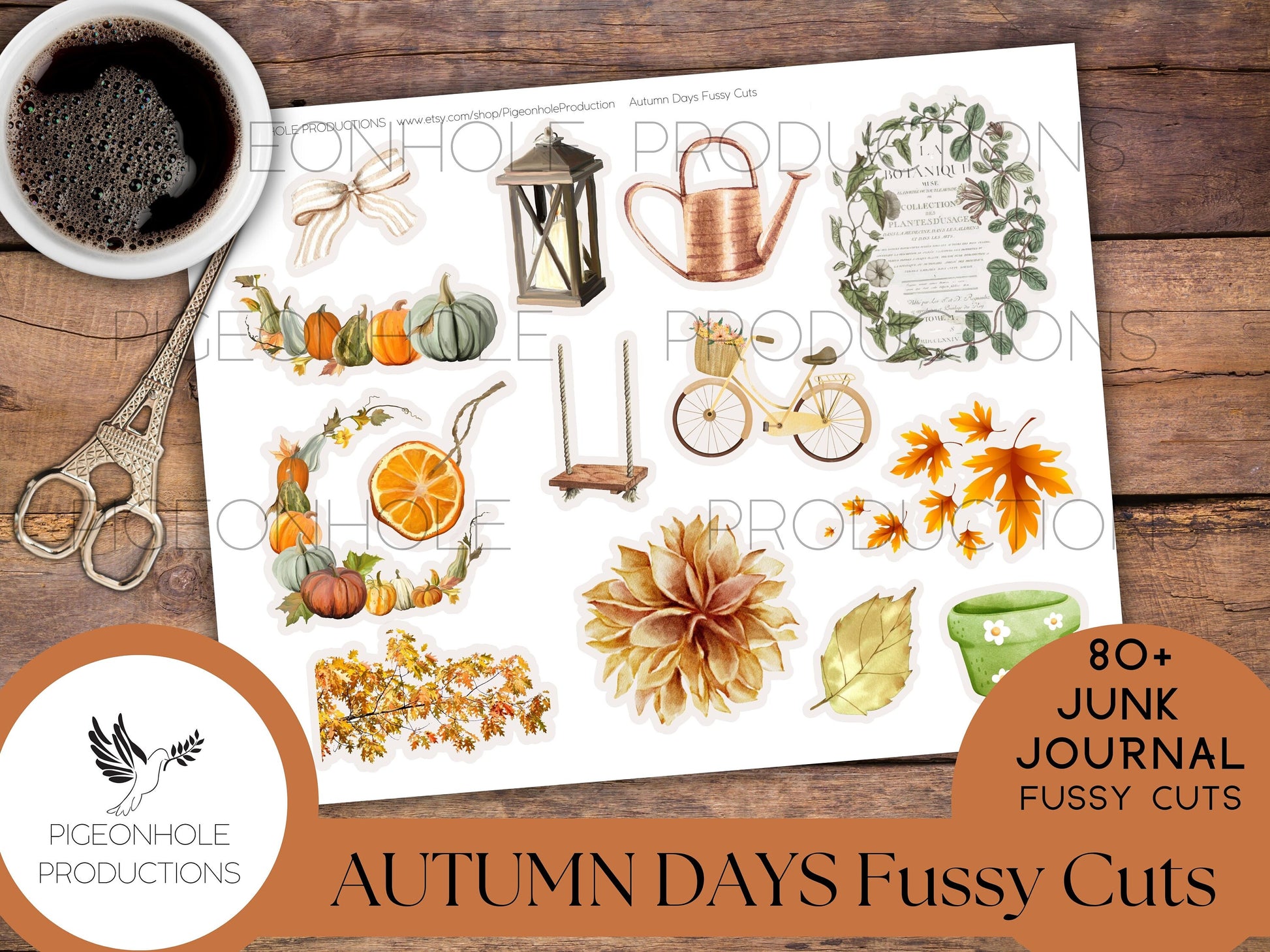 Autumn Days Junk Journal FUSSY CUTS, PRINTABLE, 80+ fussy cuts of leaves, sunflowers, pumpkins, rocking chairs, cider, apples, mushrooms