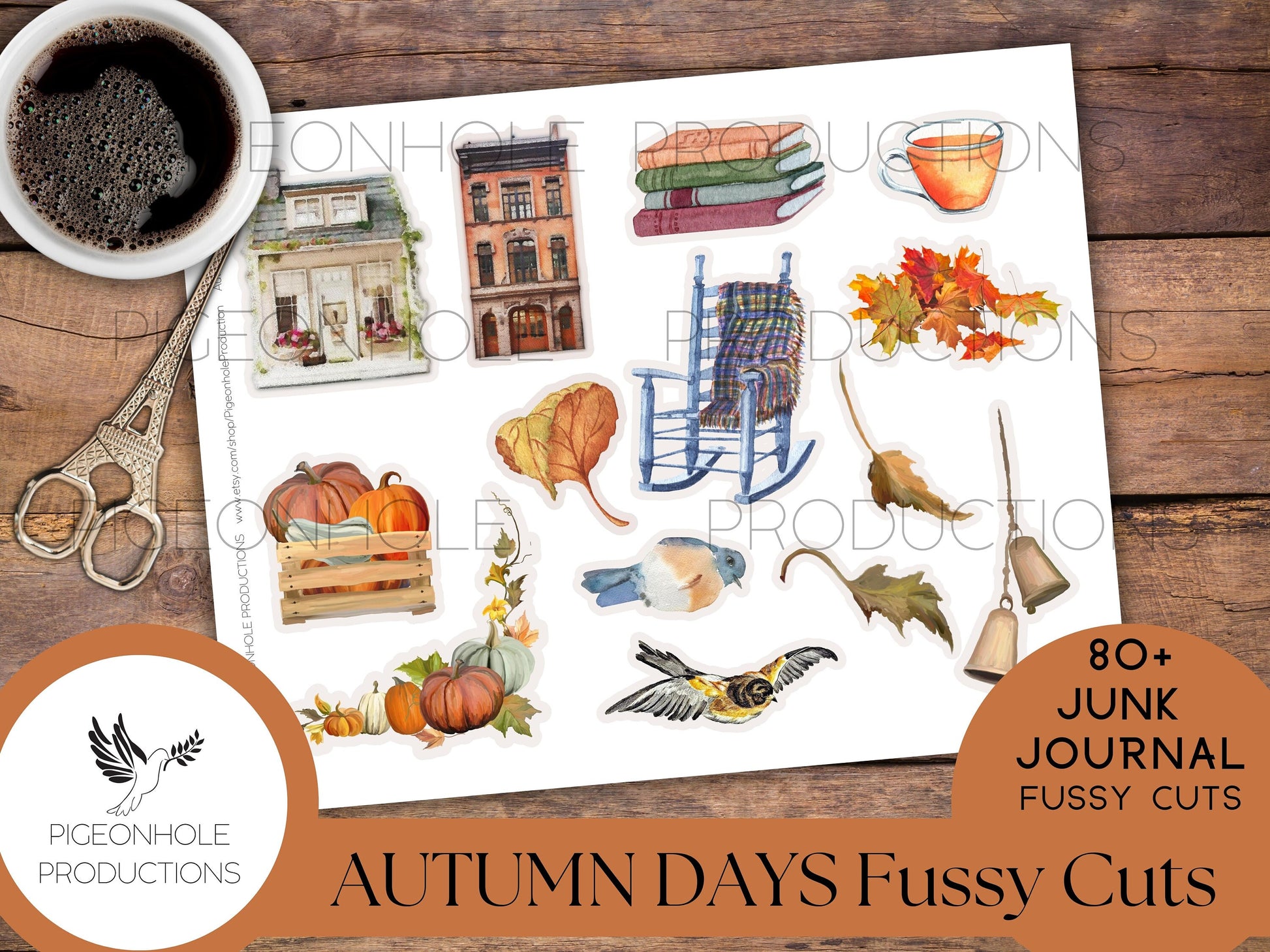 Autumn Days Junk Journal FUSSY CUTS, PRINTABLE, 80+ fussy cuts of leaves, sunflowers, pumpkins, rocking chairs, cider, apples, mushrooms