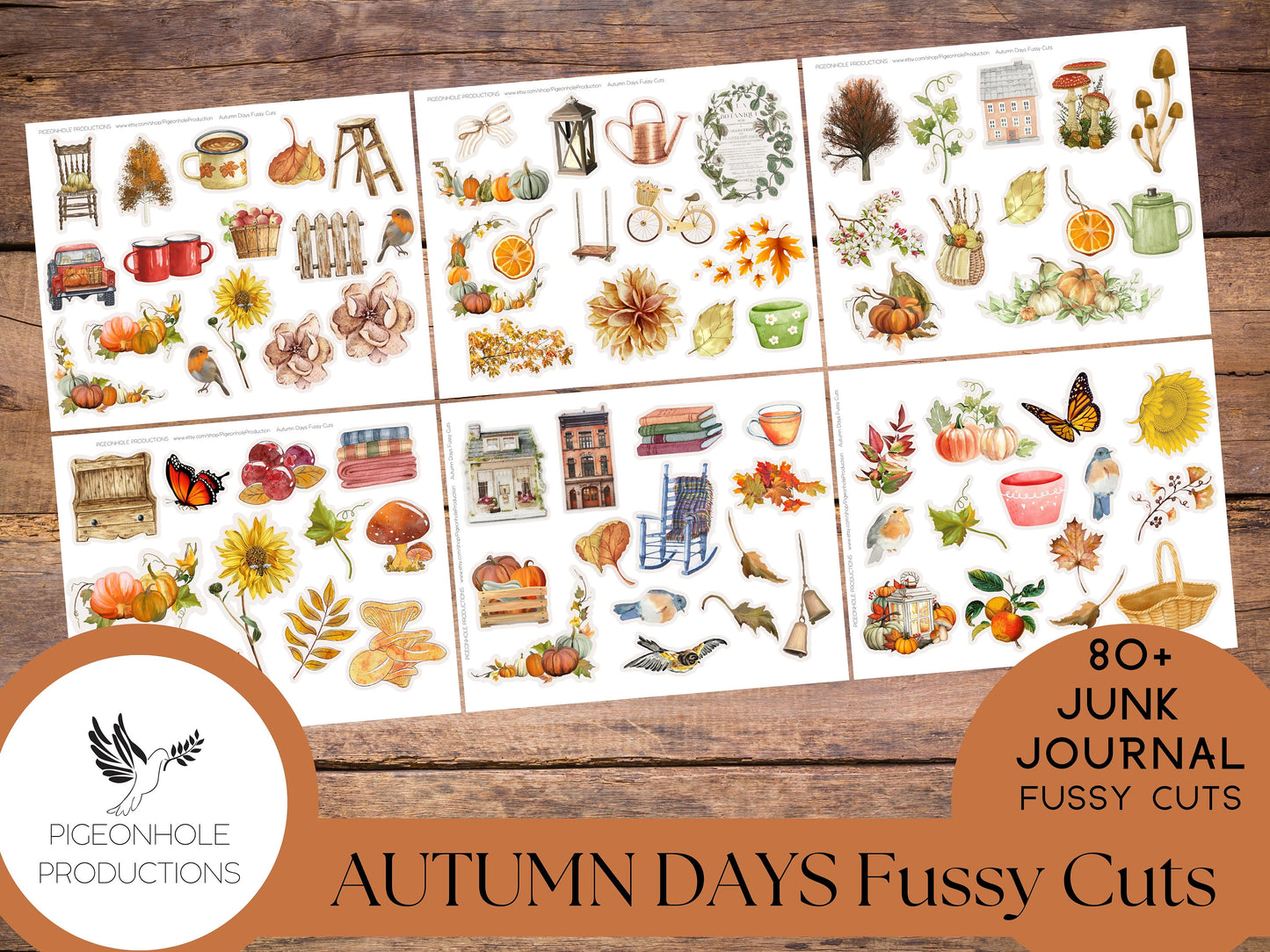 Autumn Days Junk Journal FUSSY CUTS, PRINTABLE, 80+ fussy cuts of leaves, sunflowers, pumpkins, rocking chairs, cider, apples, mushrooms