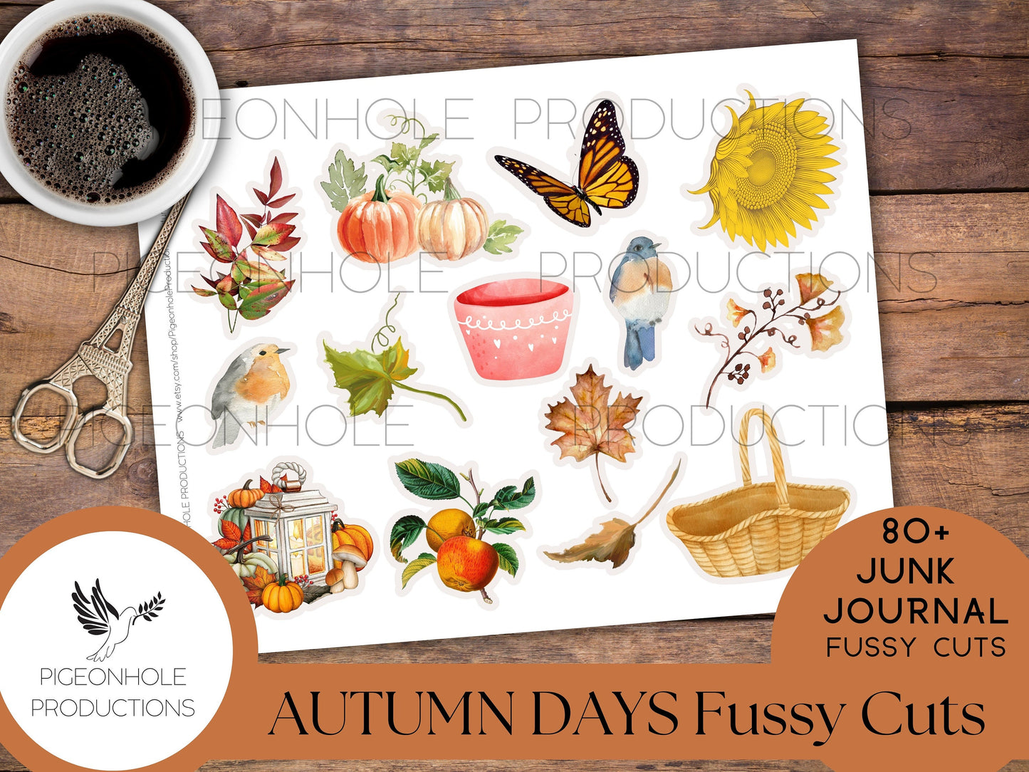 Autumn Days Junk Journal FUSSY CUTS, PRINTABLE, 80+ fussy cuts of leaves, sunflowers, pumpkins, rocking chairs, cider, apples, mushrooms