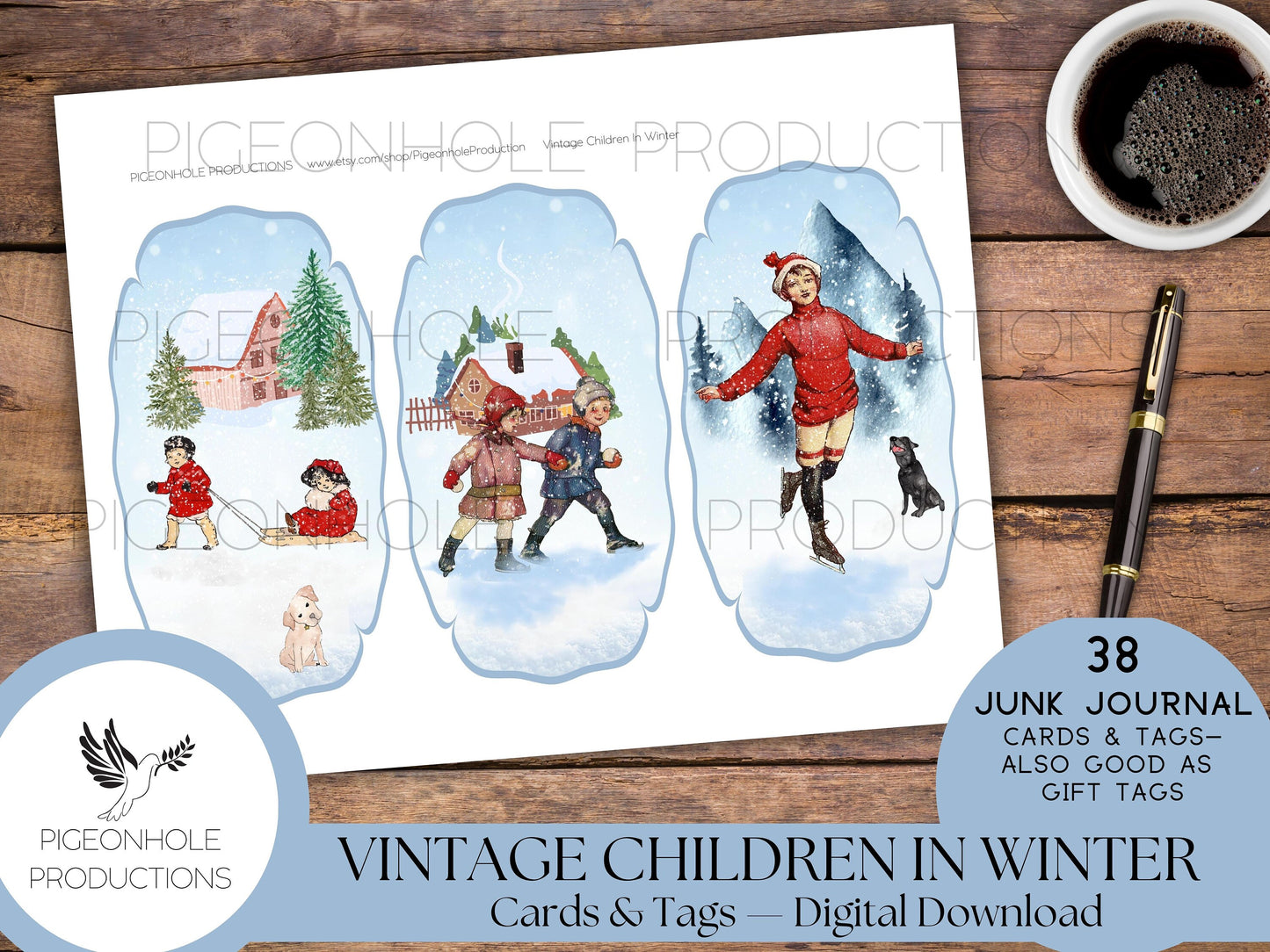 Vintage Children In Winter Junk Journal Cards & Tags—PRINTABLE—38 cards in a variety of pretty shapes—sweet children enjoying winter