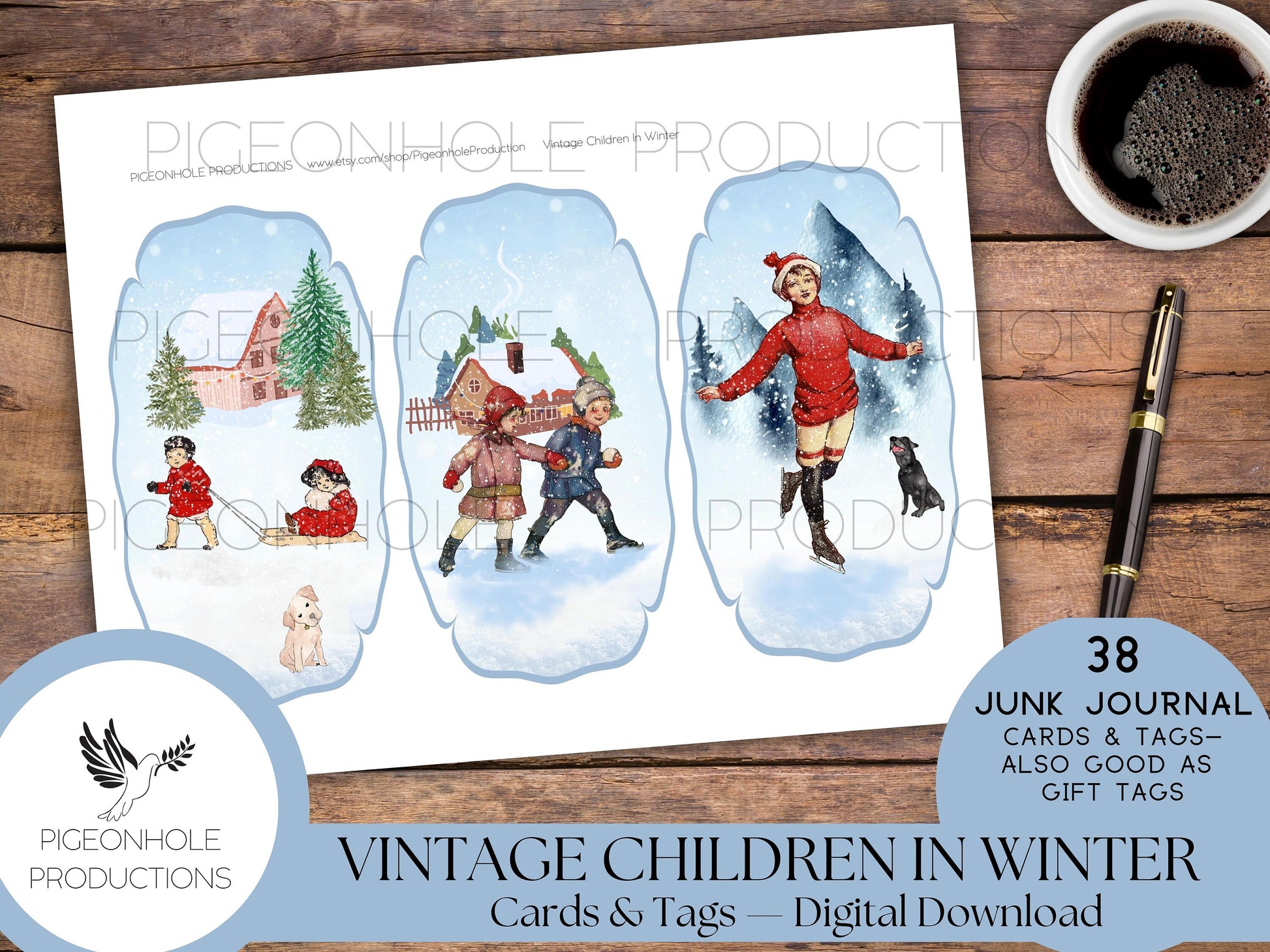 Vintage Children In Winter Junk Journal Cards & Tags—PRINTABLE—38 cards in a variety of pretty shapes—sweet children enjoying winter